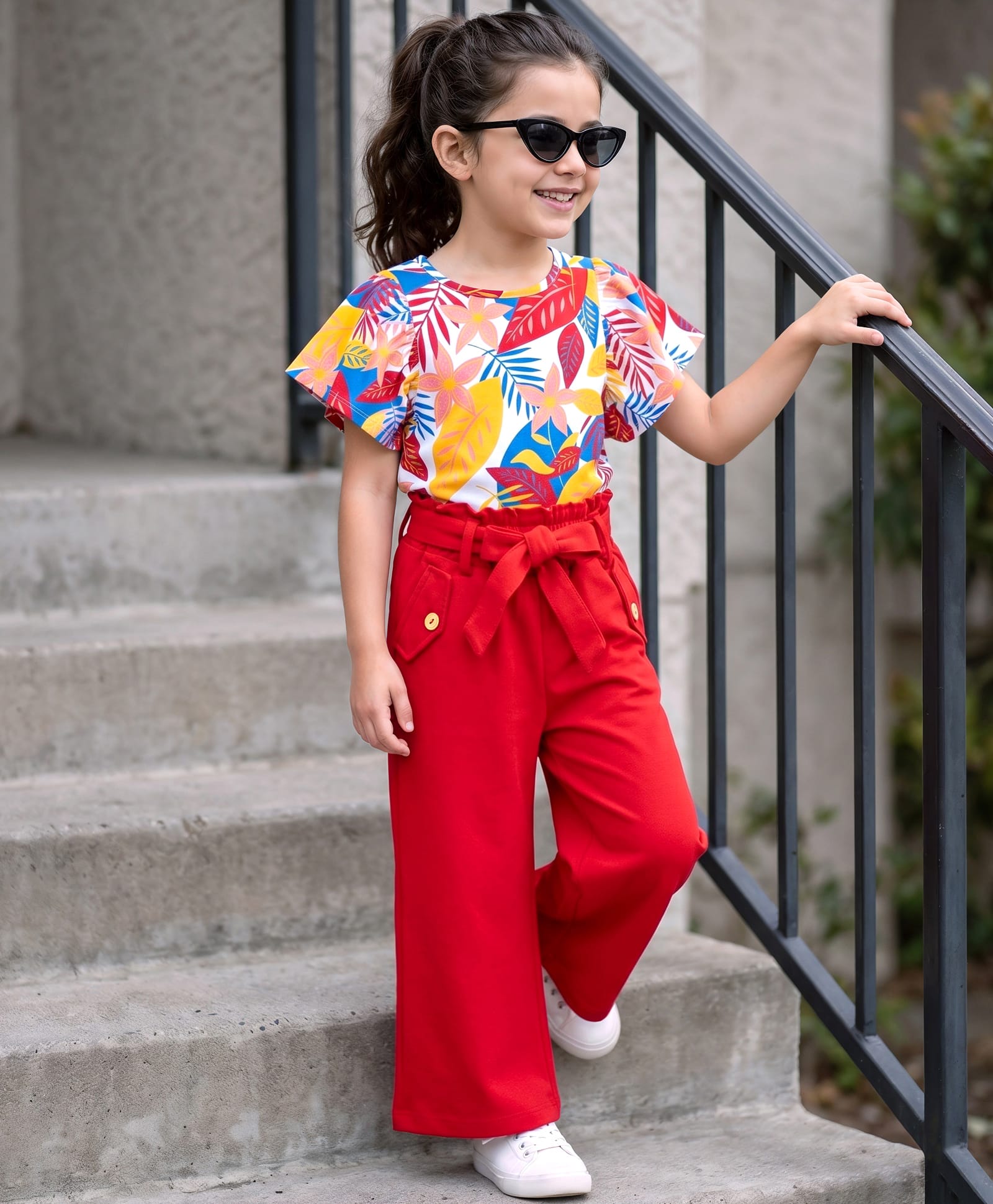 OLLINGTON ST. Cotton Knit Printed Half Sleeves Top & Culottes Set with Belt - Multicolor & Red-image-8