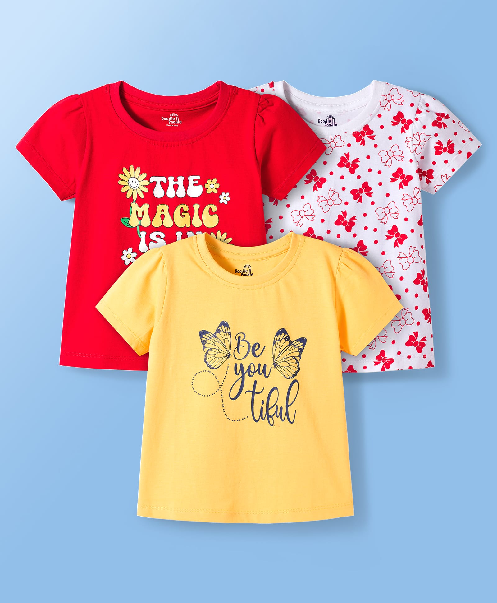 Doodle Poodle 100% Cotton Knit Half Sleeves T-Shirts With Bow & Butterfly Print Pack of 3 - Yellow White & Red