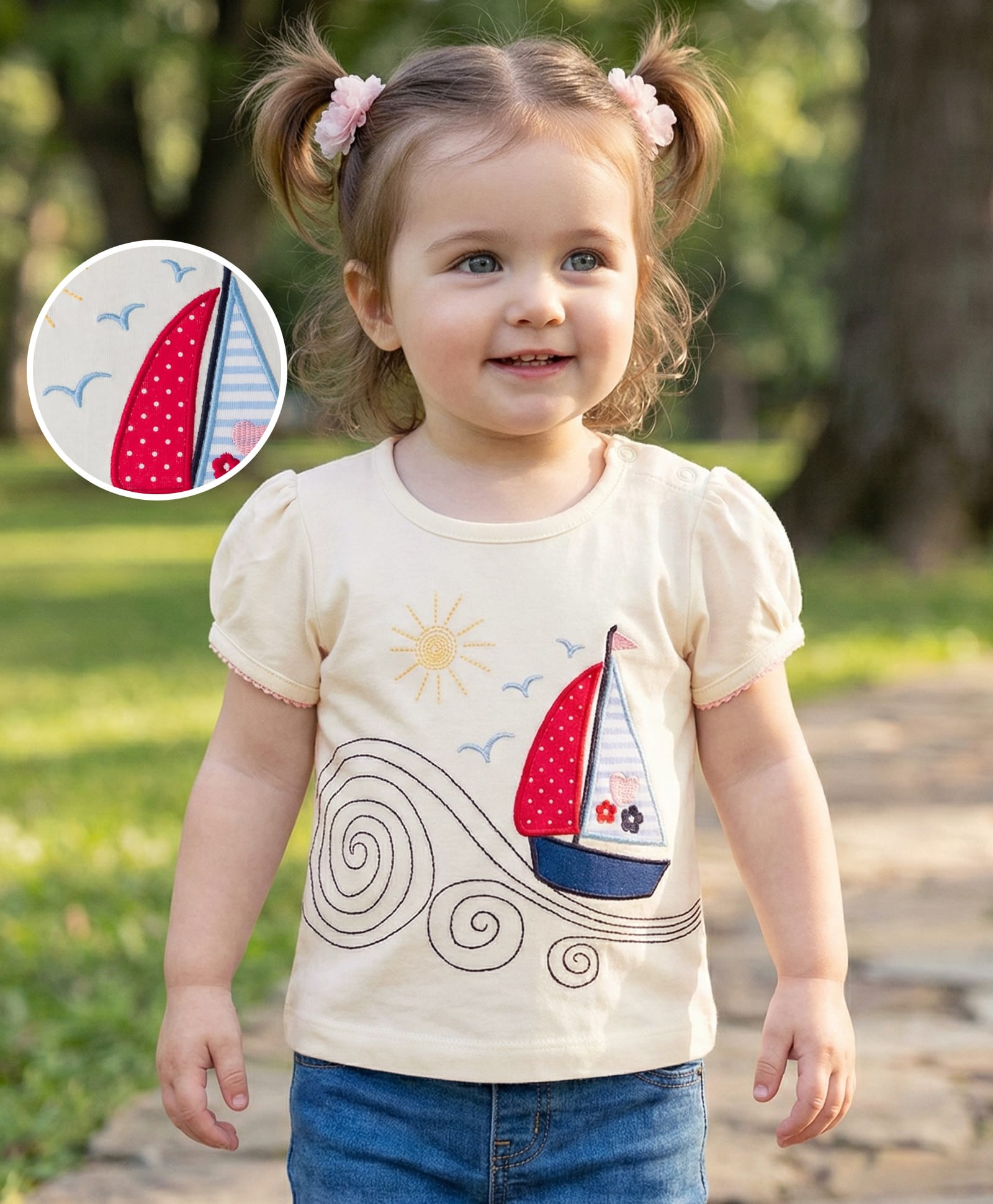 Babyoye 100% Cotton Knit Half Puff Sleeves Nautical Theme Embroidered T-Shirt - White-image-39