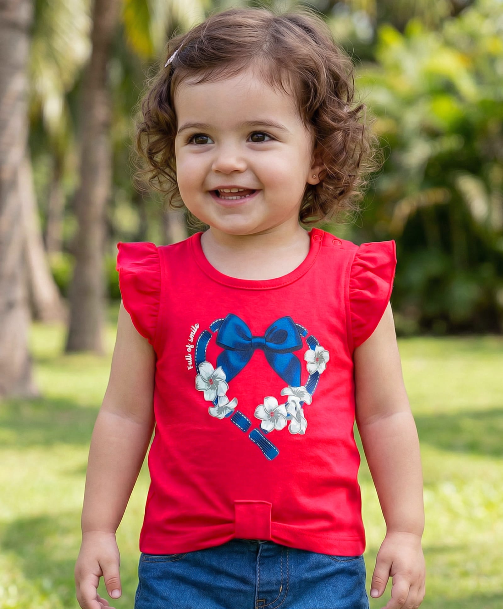 Babyoye 100% Cotton Knit Frill Sleeves T-Shirt With Floral Print - Red-image-37