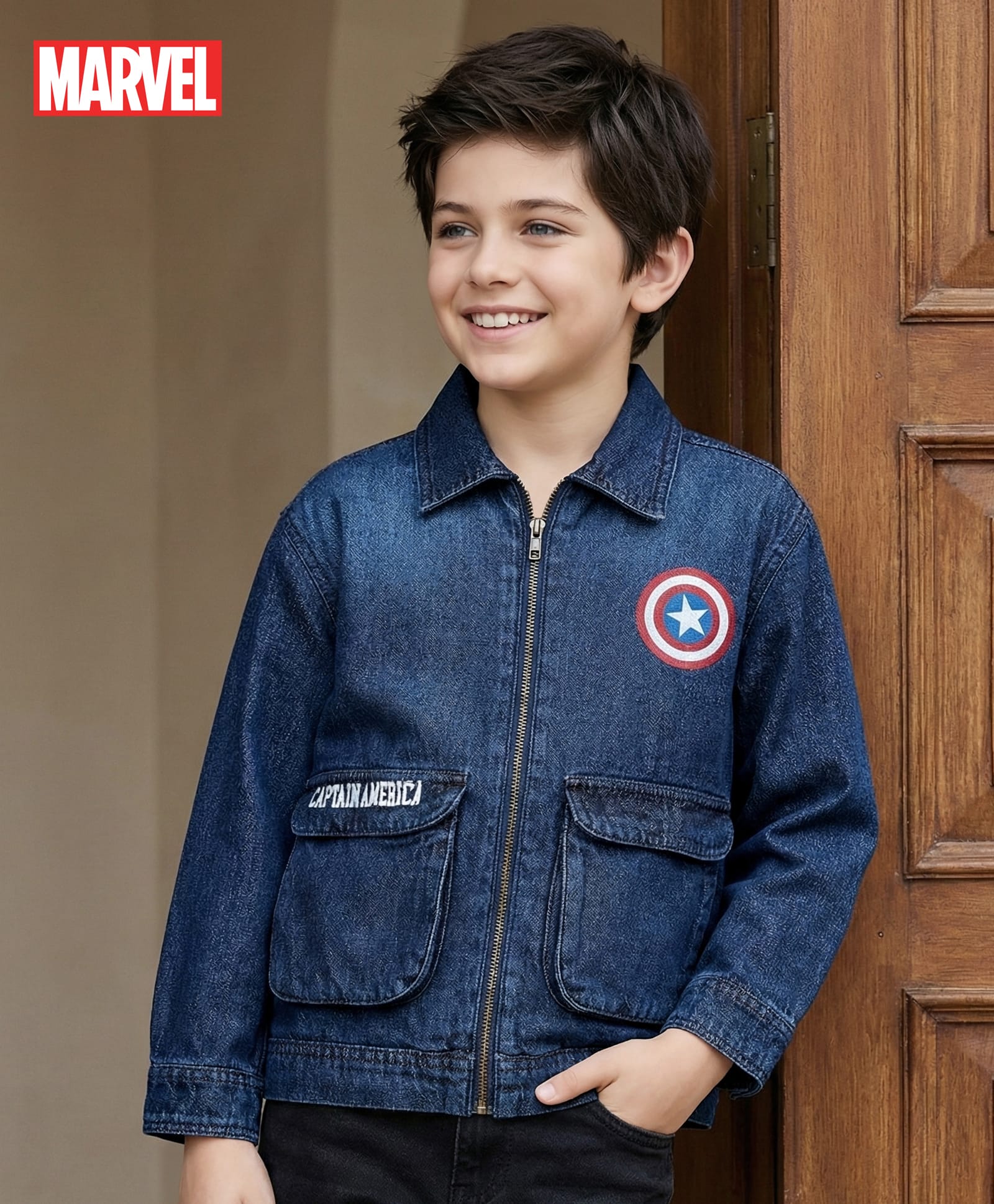 Pine Kids Marvel Full Sleeves Front Zipper Denim Jacket with Captain America Graphic - Blue-picture-26