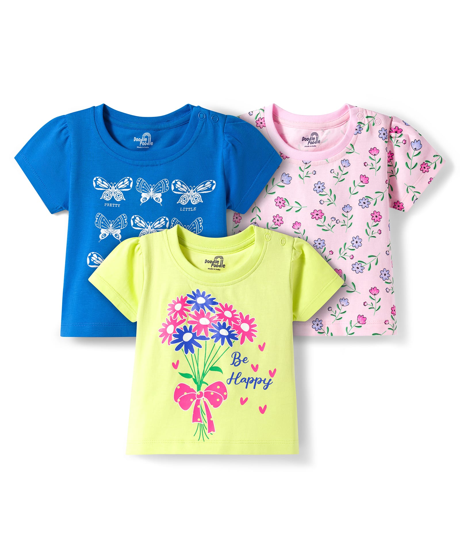 Doodle Poodle 100% Cotton Knit Half Sleeves T-Shirts With Butterfly & Floral Print Pack of 3 - Pink Blue & Lime Green-image-6