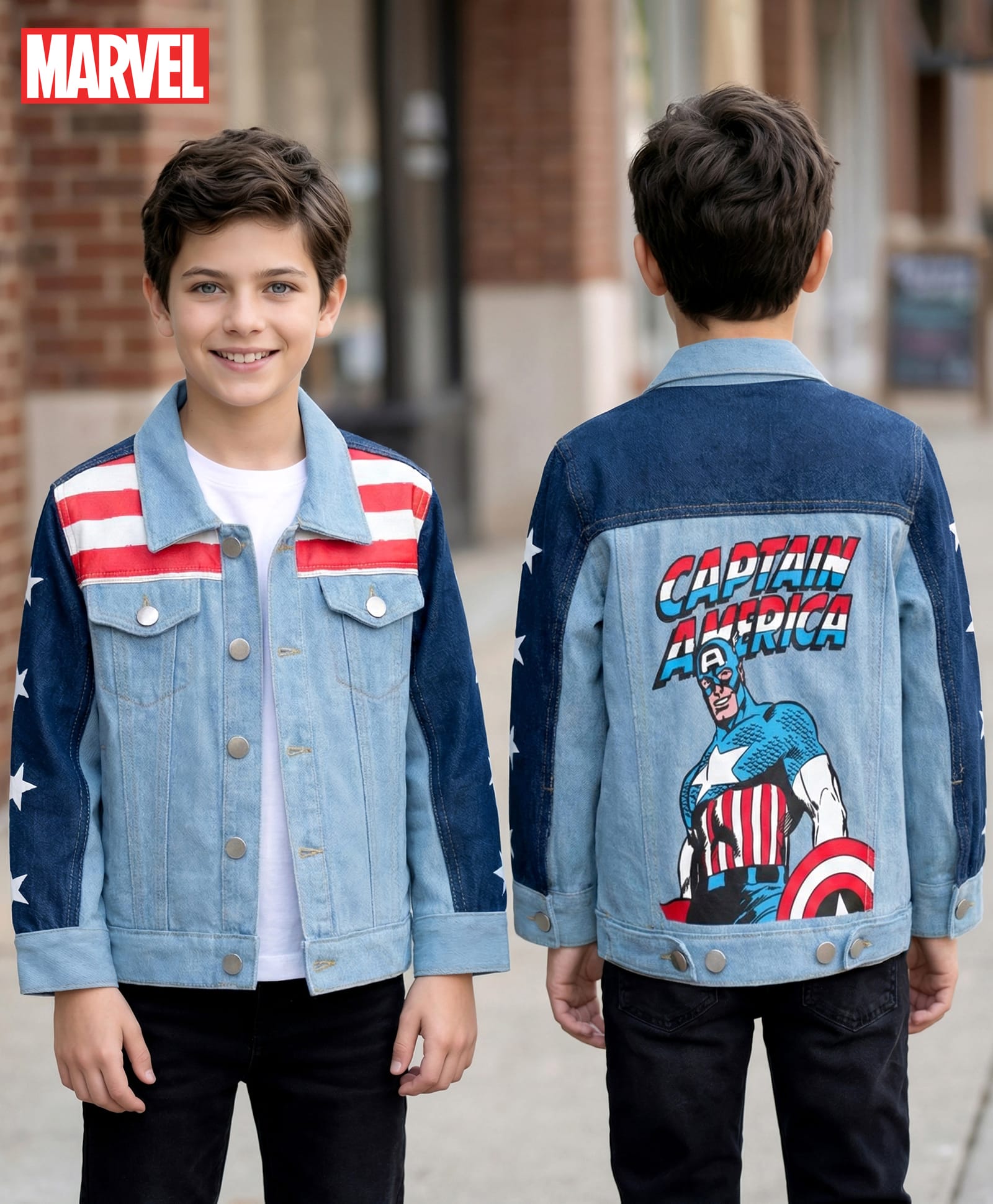 Pine Kids Marvel Woven Full Sleeves Cut & Sew Denim Jacket With Front and Back Captain America Graphics - Light Blue