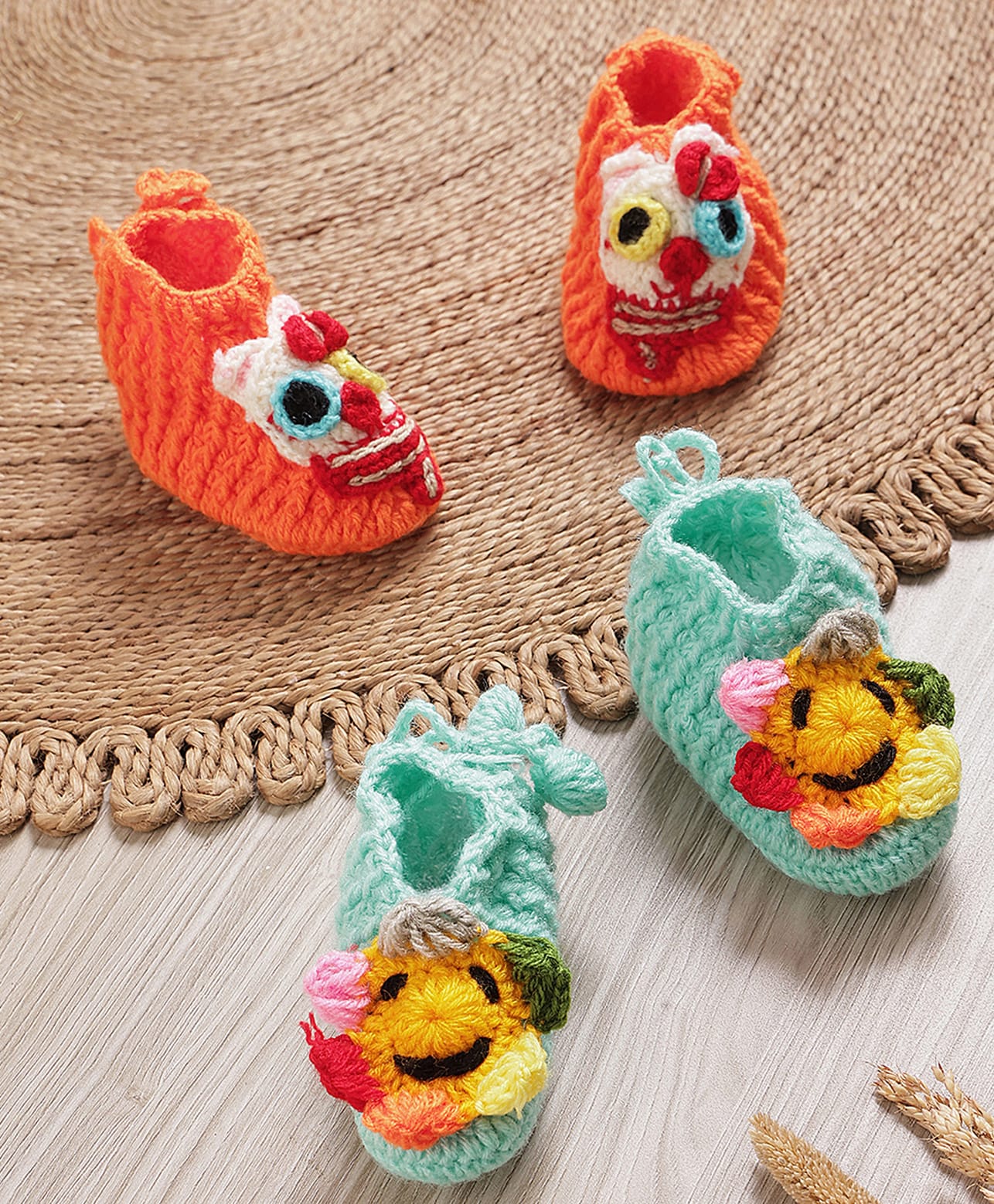 MayRa Knits Hand Knitted Pack Of 2 Floral Designed Booties - Blue, Orange-picture-10