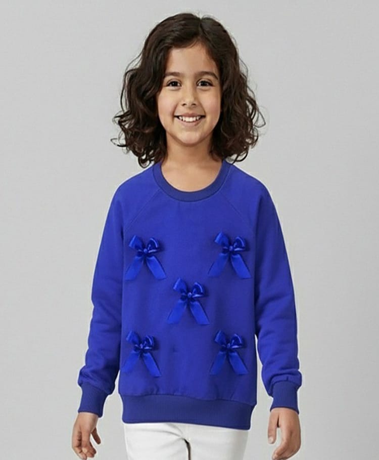 Spunkies Fleece Knit Full Sleeves Bow Applique Detailed Light Winter Sweatshirt - Blue-picture-13