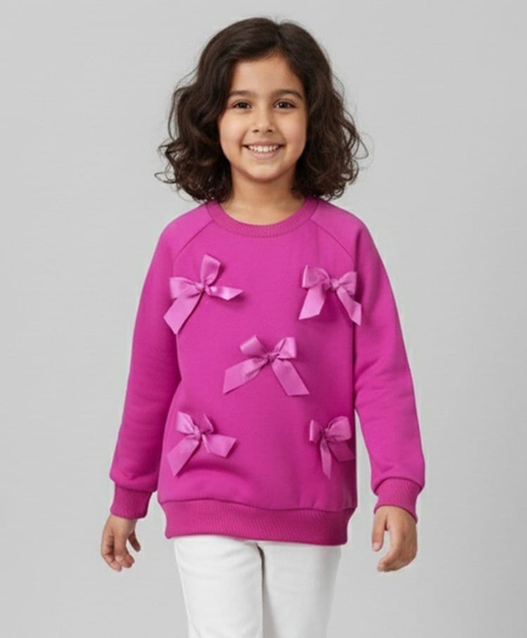 Spunkies Fleece Knit Full Sleeves Bow Applique Detailed Light Winter Sweatshirt - Pink-picture-27