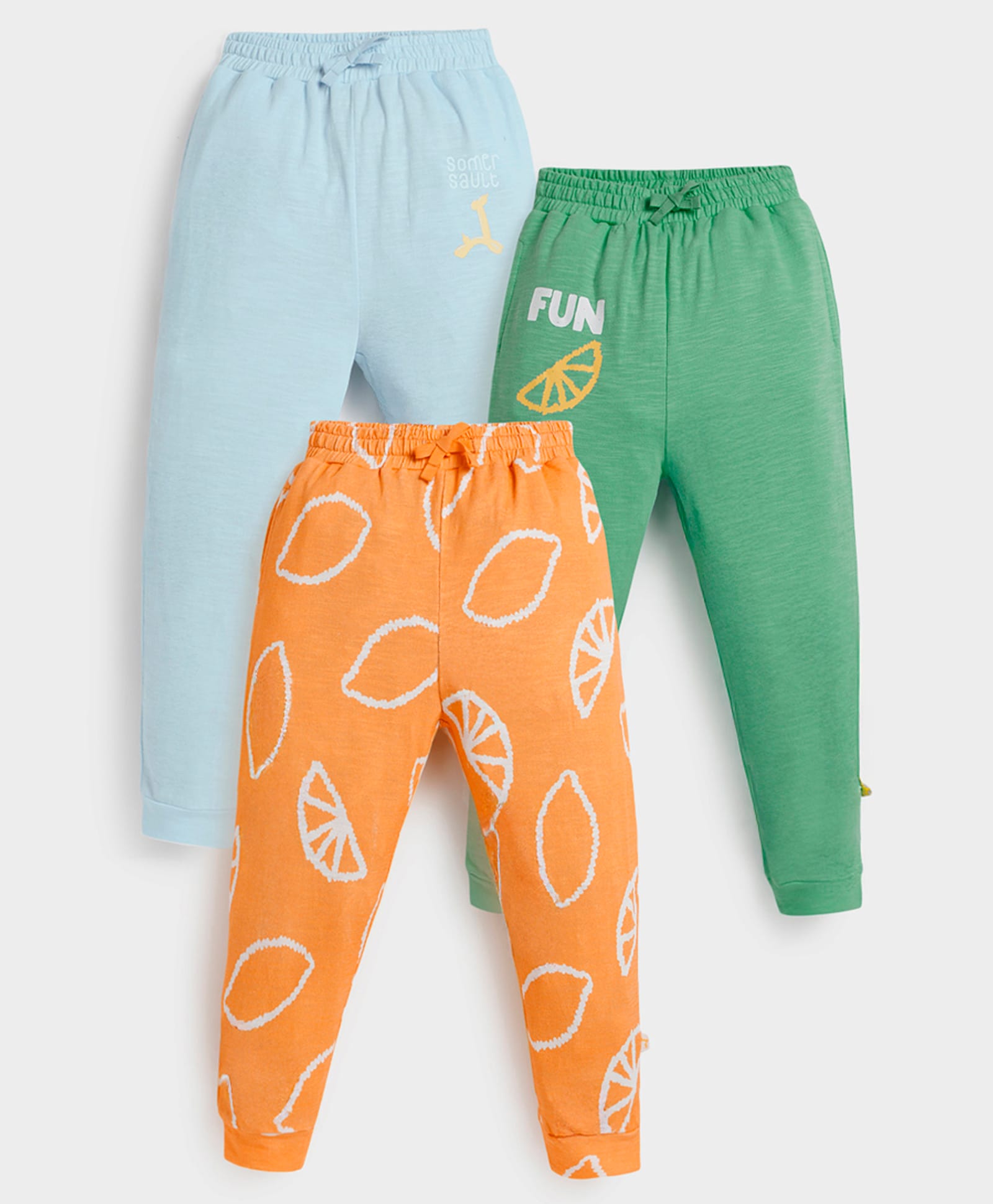 Somersault Cotton Woven Pack Of 3 Typography & Lemon Printed Joggers - Blue Green & Orange-image-13