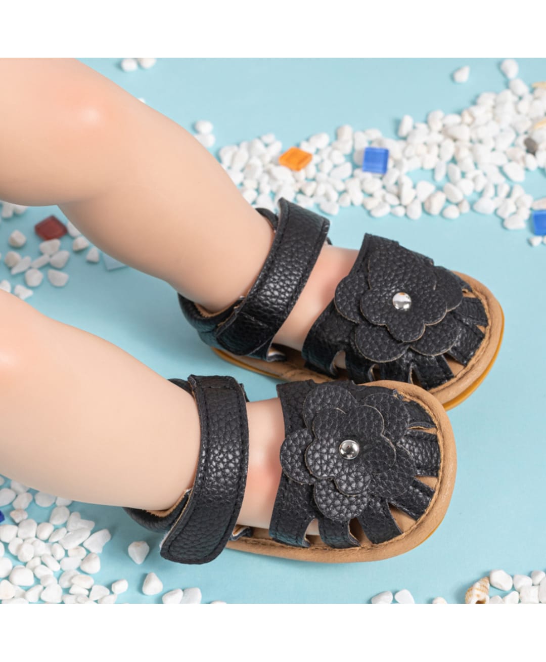 Neska Moda Floral Applique Detailed Velcro Closure Booties - Black-picture-14