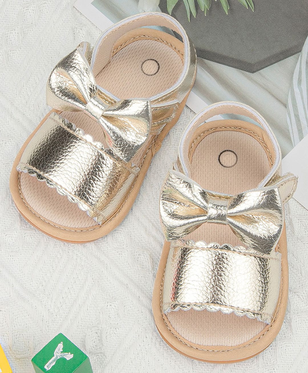 Neska Moda Bow Applique Detailed Velcro Closure Sandals - Golden-picture-5