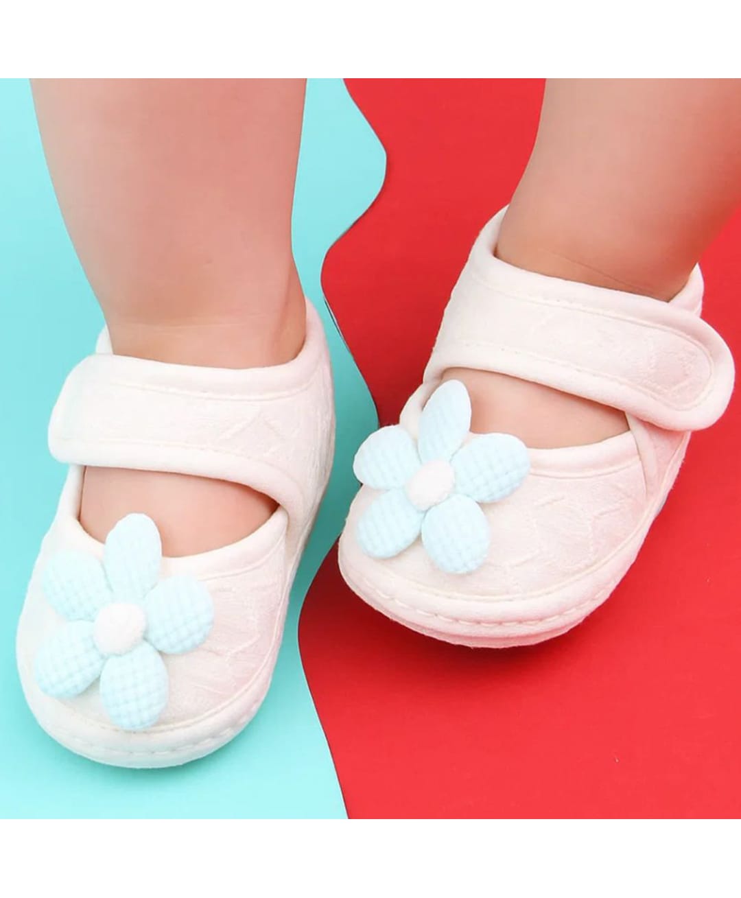 Neska Moda Floral Applique Detailed Velcro Closure Booties - White & Blue-picture-23