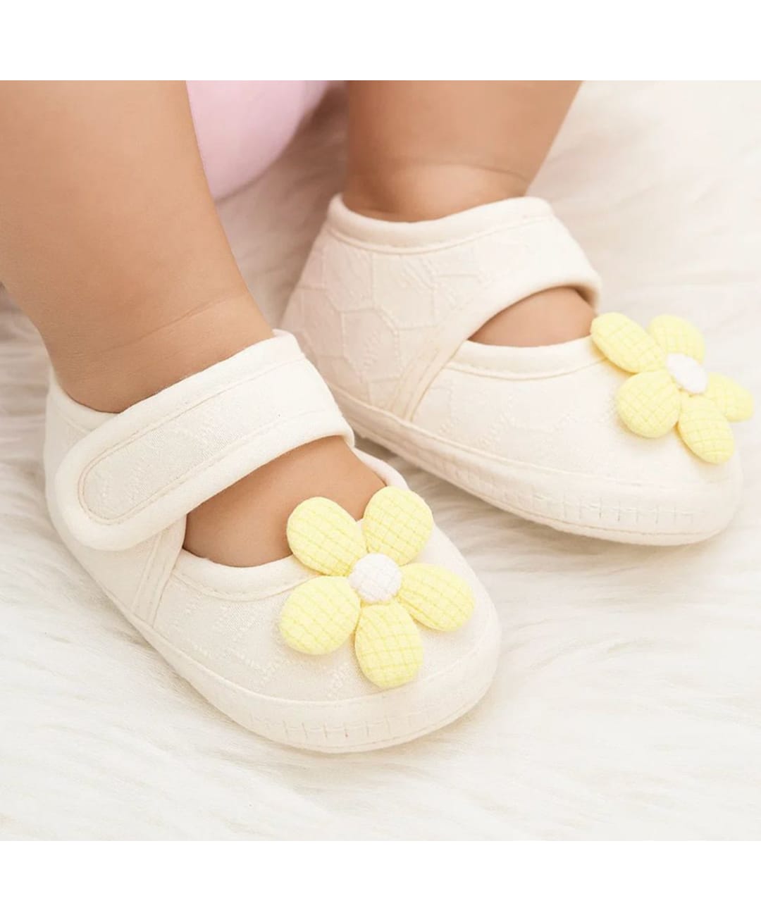 Neska Moda Floral Applique Detailed Velcro Closure Booties - White & Yellow-image-25