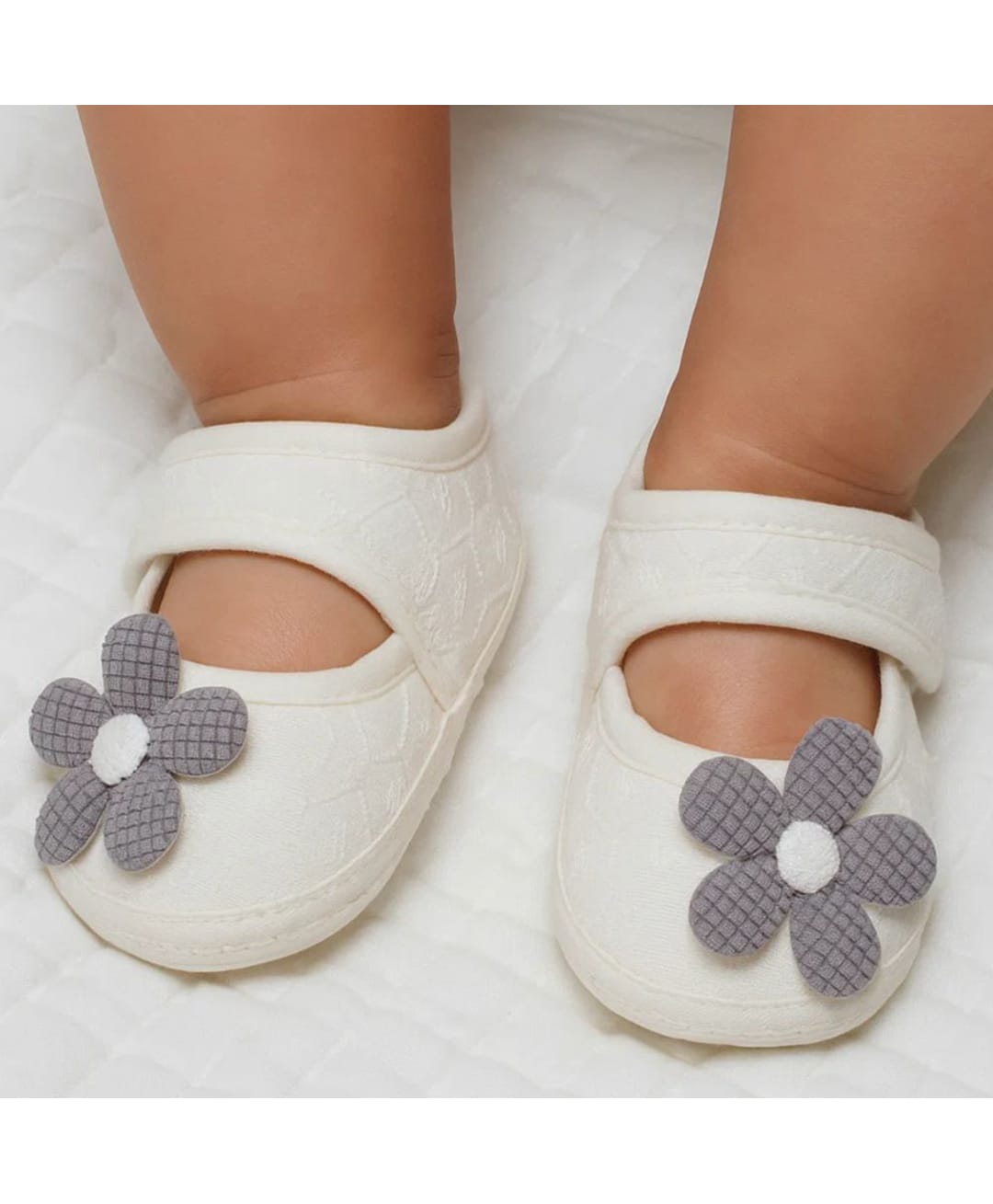 Neska Moda Floral Applique Detailed Velcro Closure Booties - White & Grey-image-24
