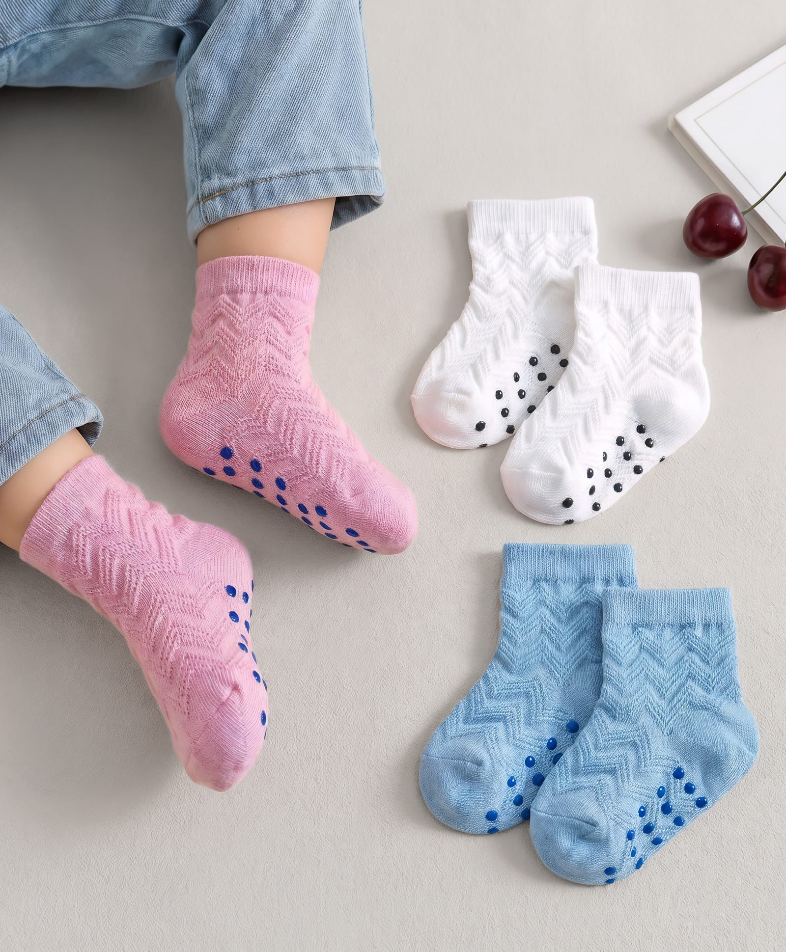 Cute Walk by Babyhug Non Terry Knit Ankle Length Anti Bacterial Anti Skid Socks With Design Pack Of 3 - Pink White & Blue-picture-15