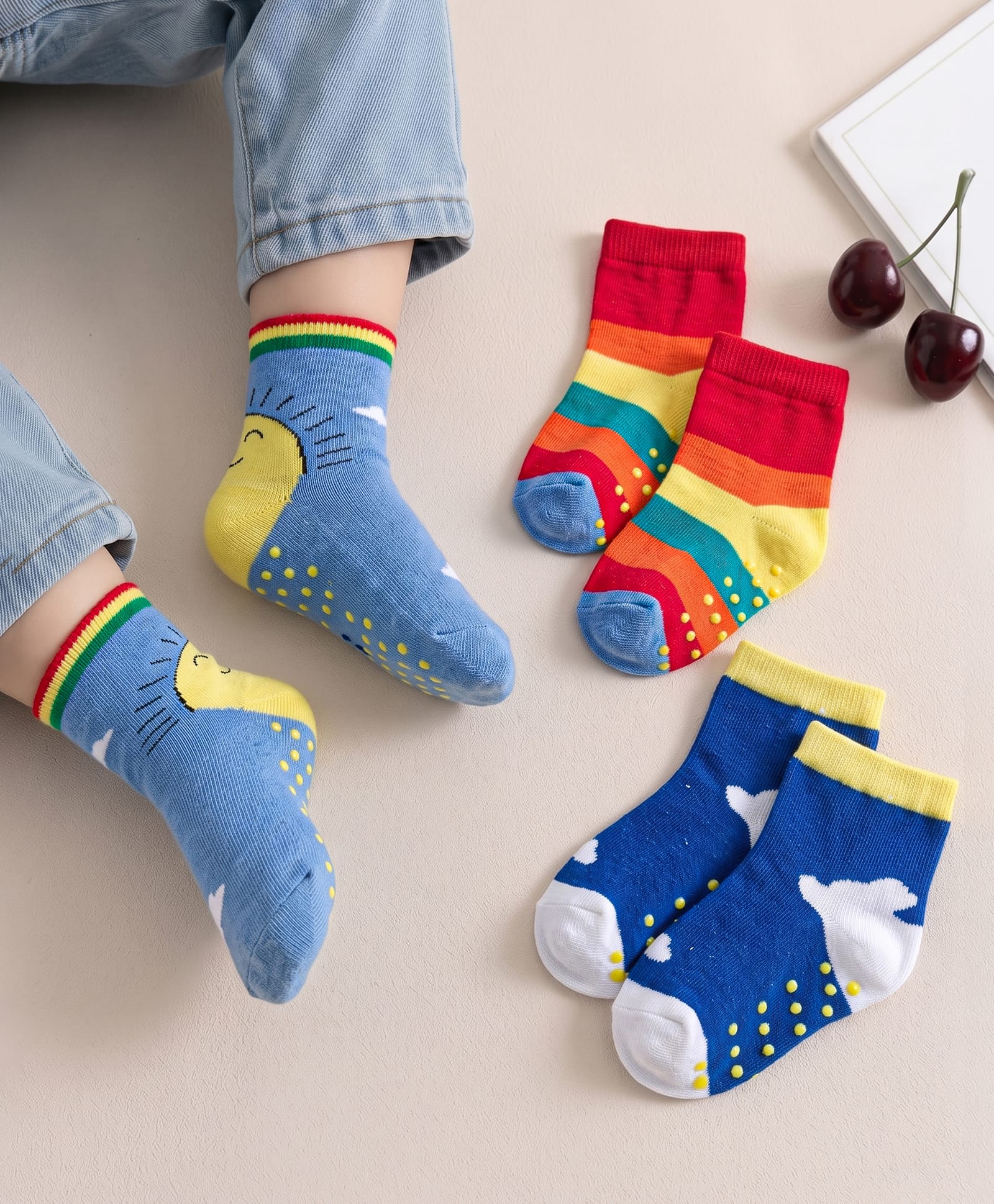 Cute Walk by Babyhug Non Terry Knit Ankle Length Anti Bacterial Anti Skid Socks With Cloud Print Pack Of 3 - Blue Red & Light Blue-picture-16