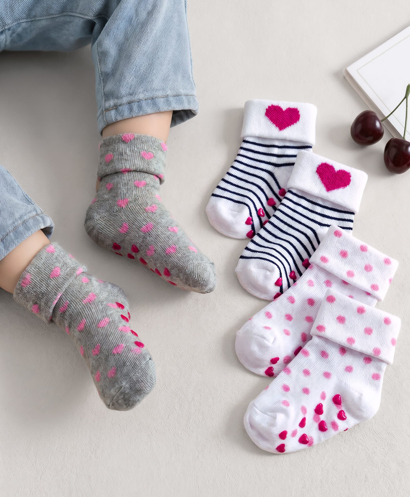 Cute Walk by Babyhug Non Terry Knit Ankle Length Anti Bacterial Anti Skid Socks With Heart Design Pack Of 3 - White & Grey-picture-28
