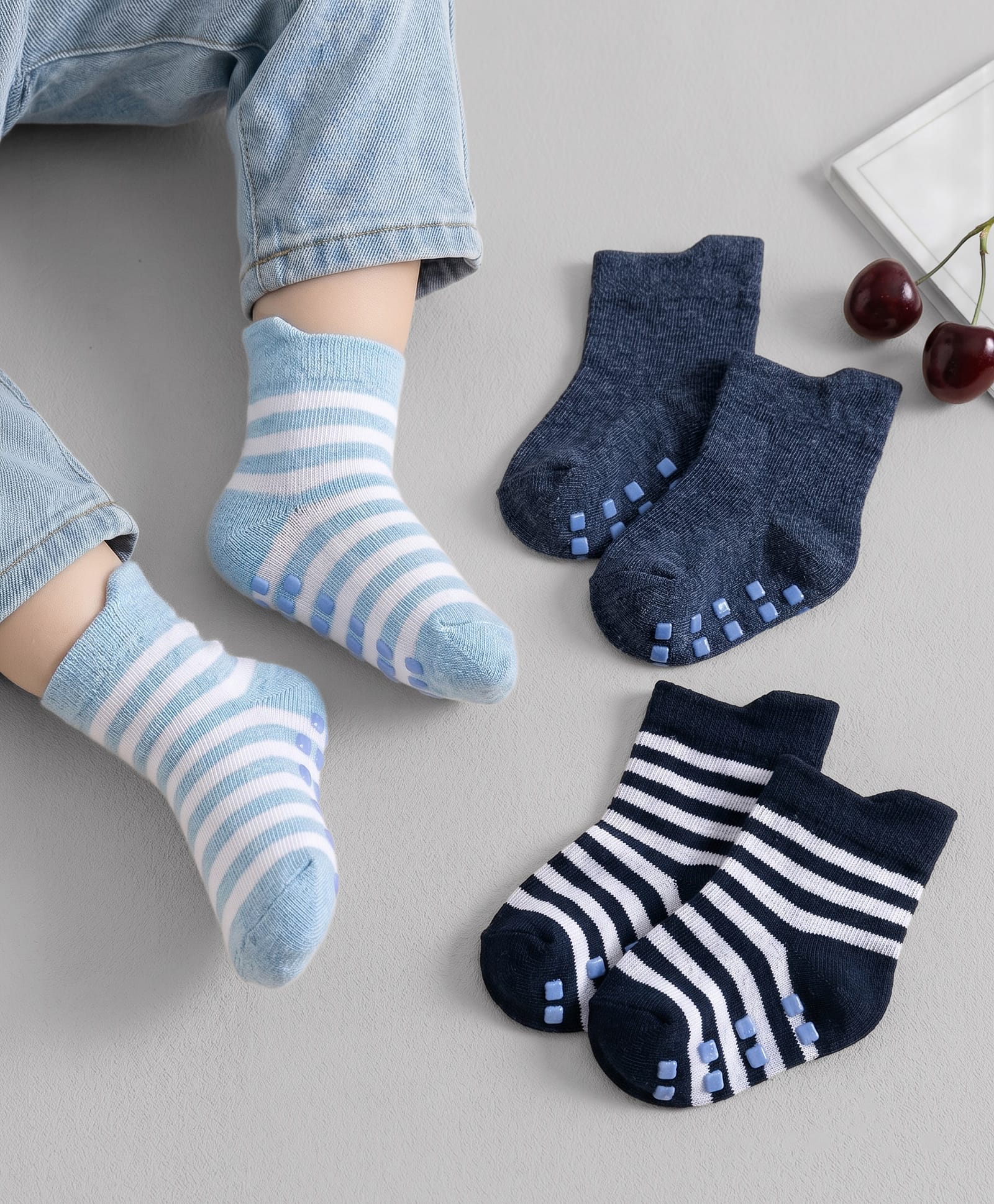 Cute Walk by Babyhug Non Terry Knit Ankle Length Anti Bacterial Anti Skid Socks With Stripes Pack Of 3 - Navy Blue Light Blue & Black-image-5