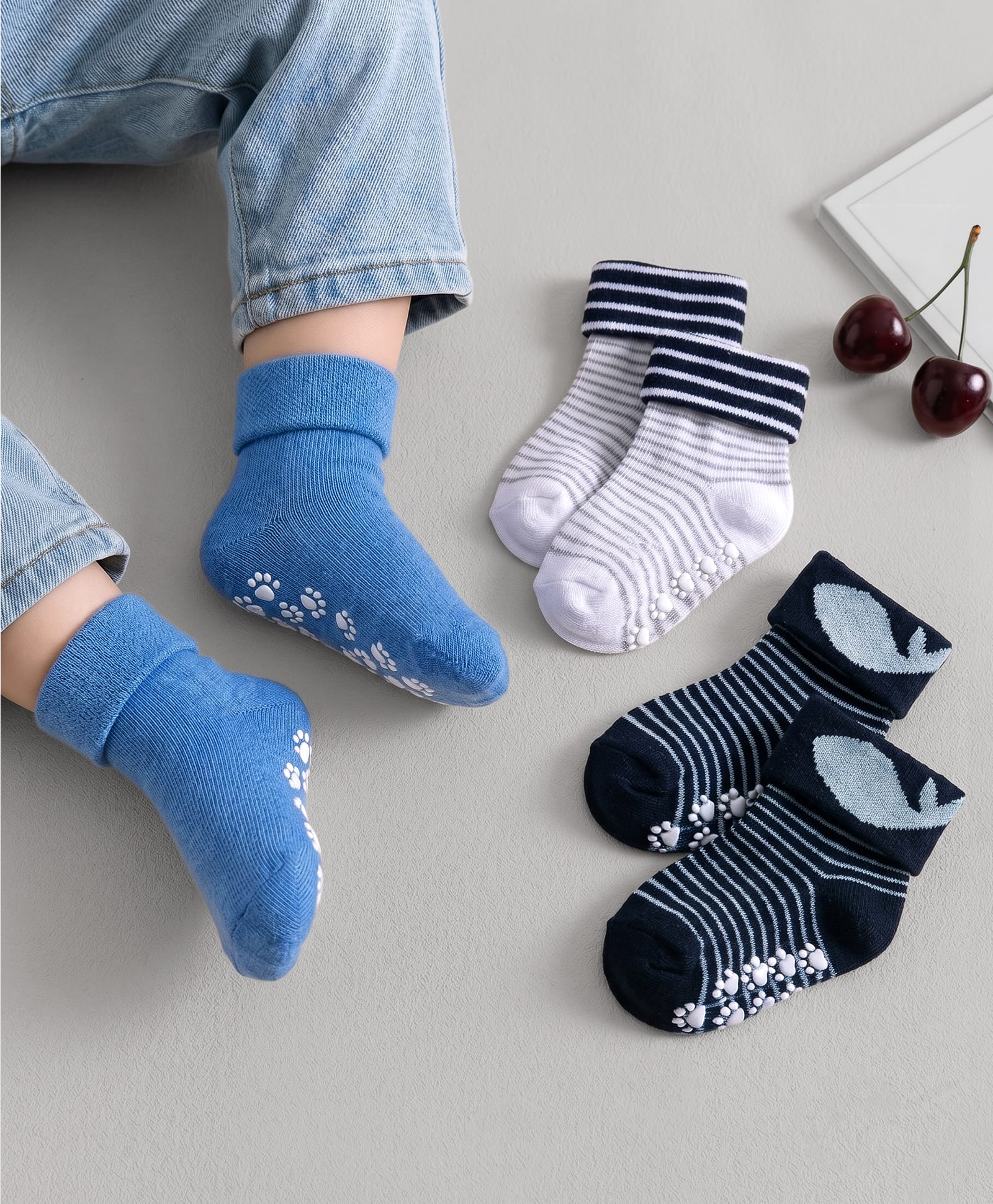 Cute Walk by Babyhug Non Terry Knit Ankle Length Anti Bacterial Anti Skid Socks With Stripes Pack Of 3 - Blue Grey & Black-image-7