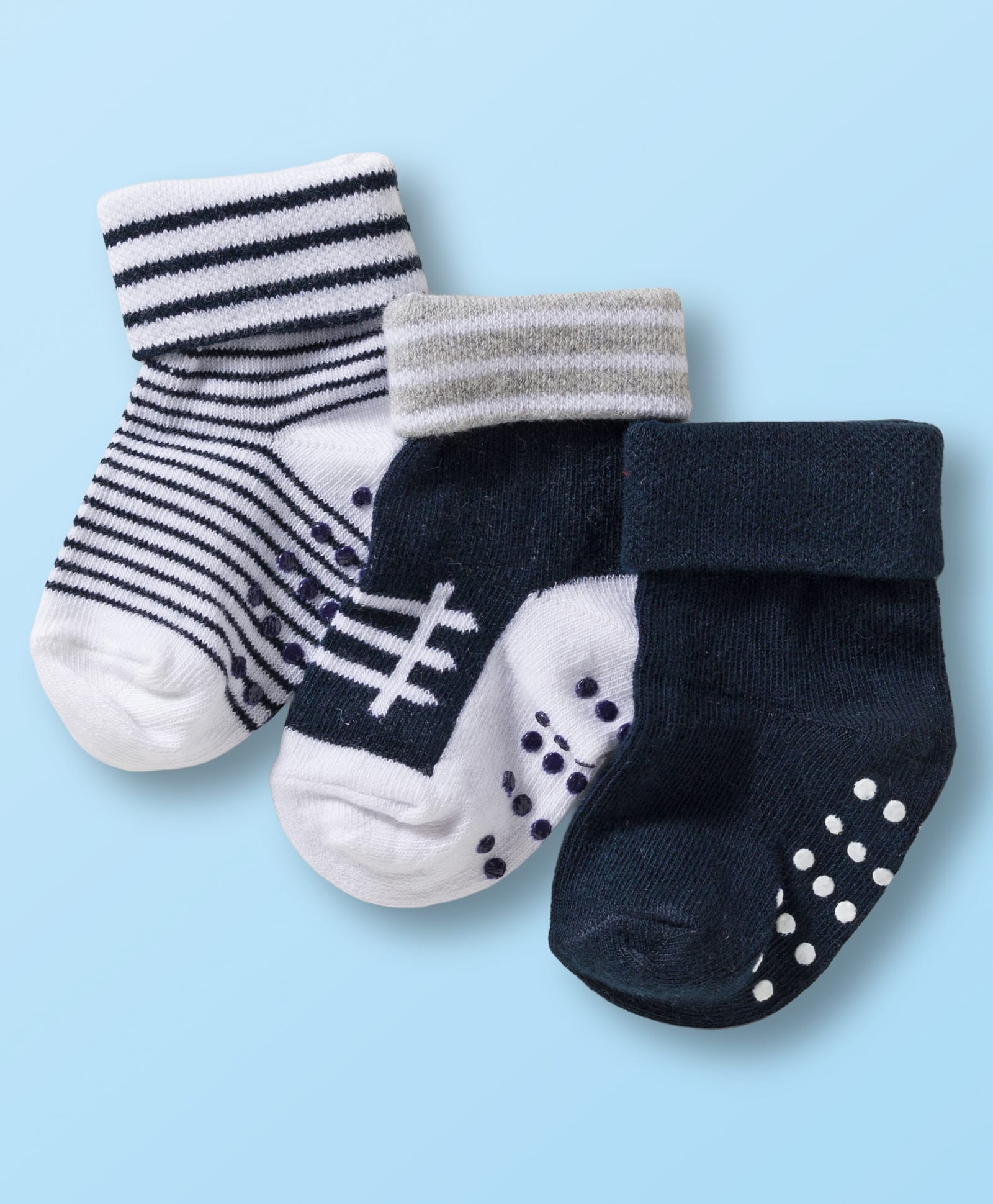 Cute Walk by Babyhug Non Terry Knit Ankle Length Anti Bacterial Anti Skid Socks With Stripes Pack Of 3 - Black White & Grey-picture-23