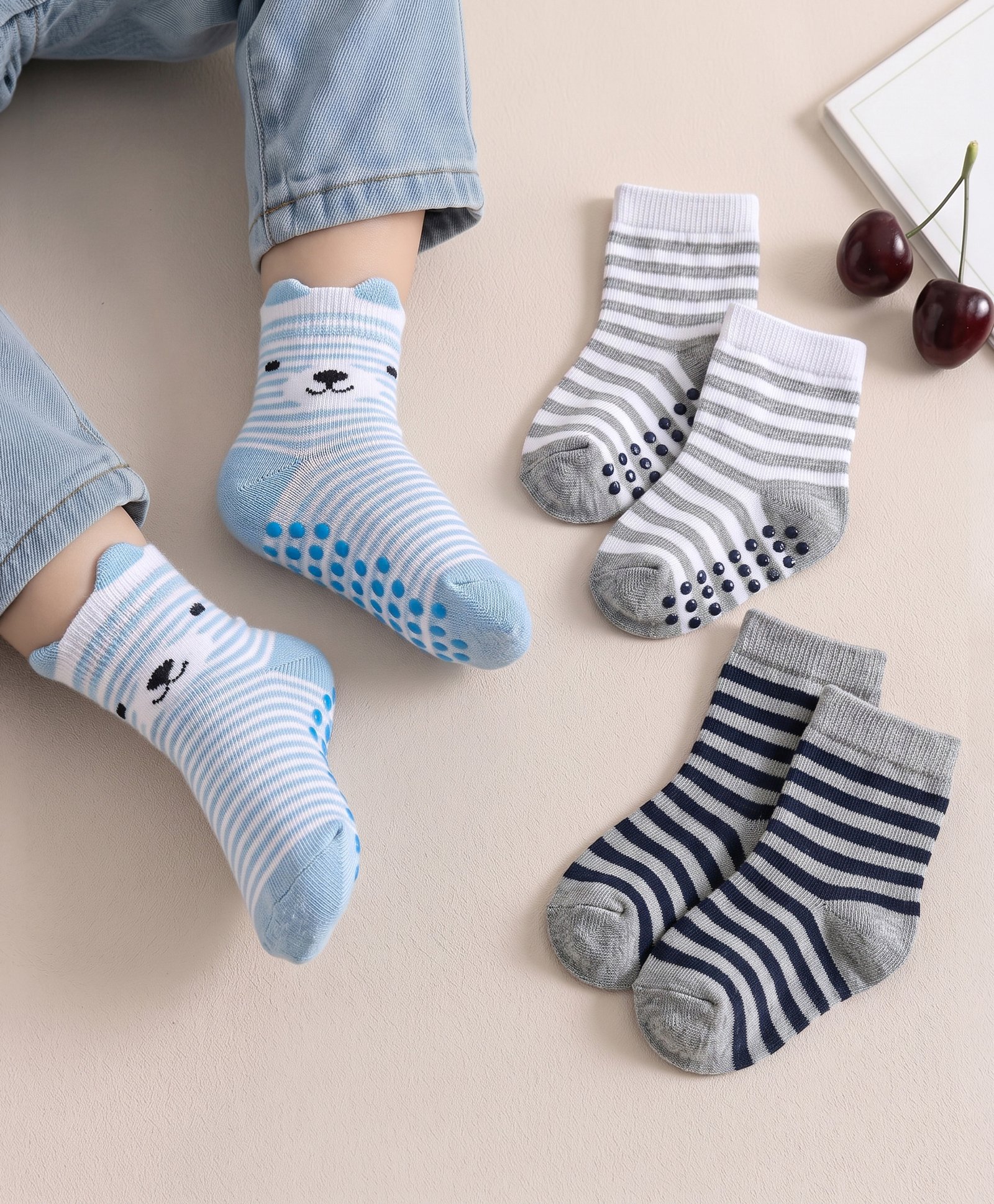 Cute Walk by Babyhug Non Terry Knit Ankle Length Anti Bacterial Anti Skid Socks With Stripes Pack Of 3 - Light Blue Black & Grey-picture-13