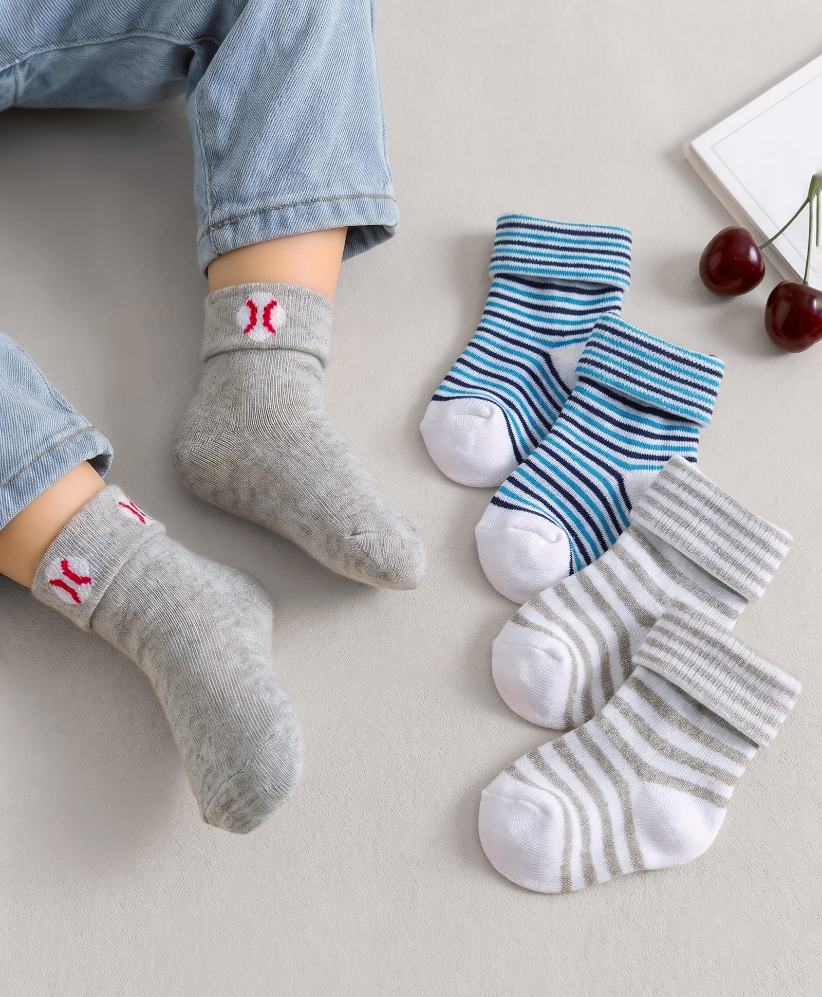 Cute Walk by Babyhug Non Terry Knit Ankle Length Anti Bacterial Socks With Stripes Pack Of 3 - Grey Blue & White-picture-16