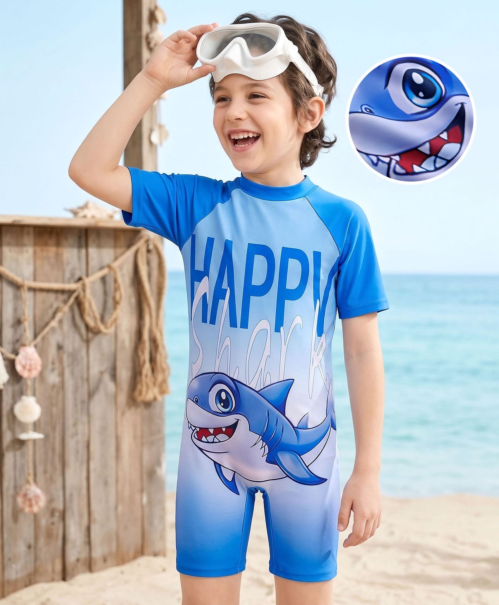 Bosky Swimwear Half Raglan Sleeves Legged Swimsuit with Shark Print - Blue-picture-18