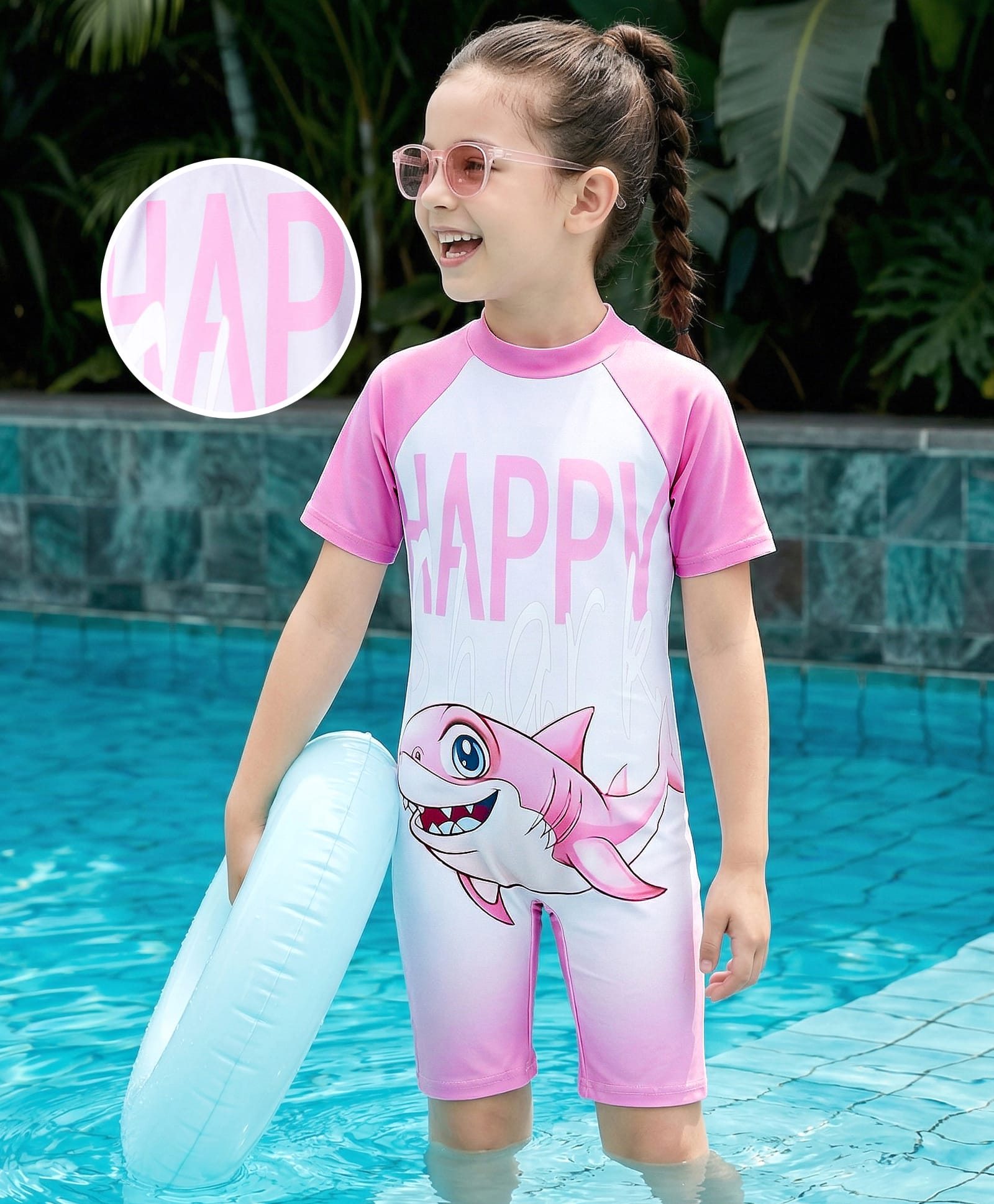 Bosky Swimwear Half Raglan Sleeves Legged Swimsuit with Shark Print - Pink-picture-26