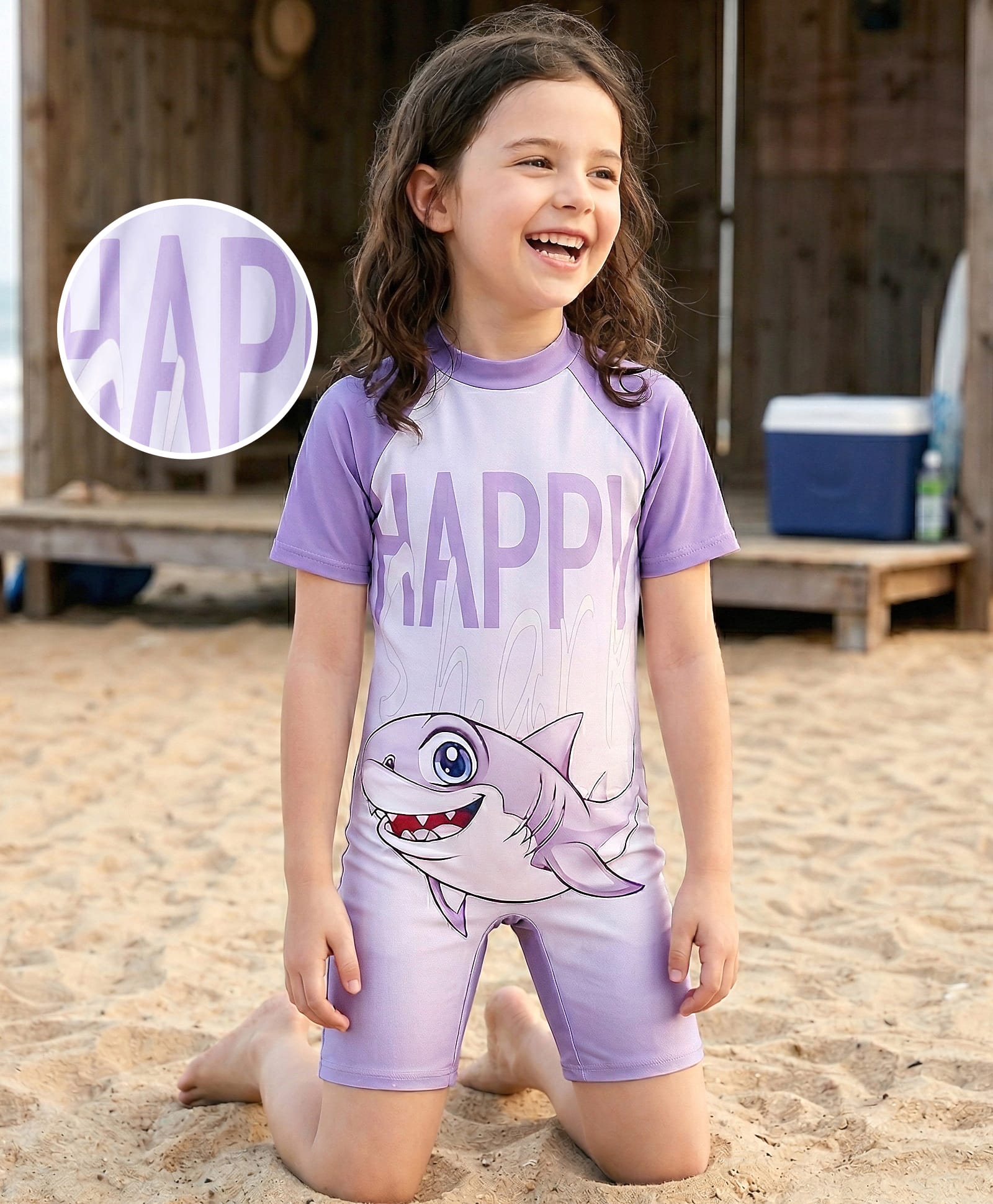Bosky Swimwear Half Raglan Sleeves Legged Swimsuit with Shark Print - Lavender-picture-23