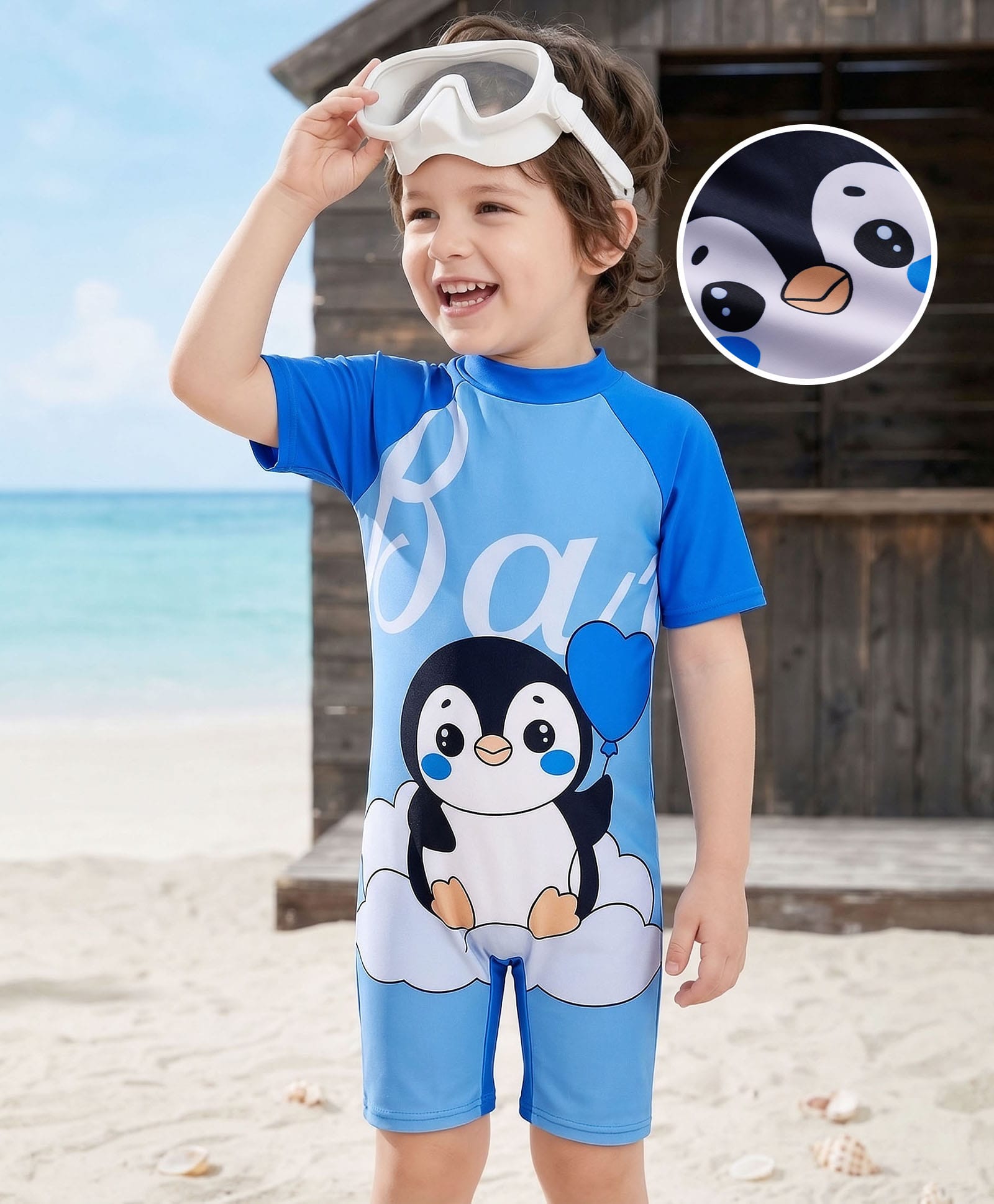 Bosky Swimwear Half Raglan Sleeves Legged Swimsuit with Penguin Print - Blue-picture-30