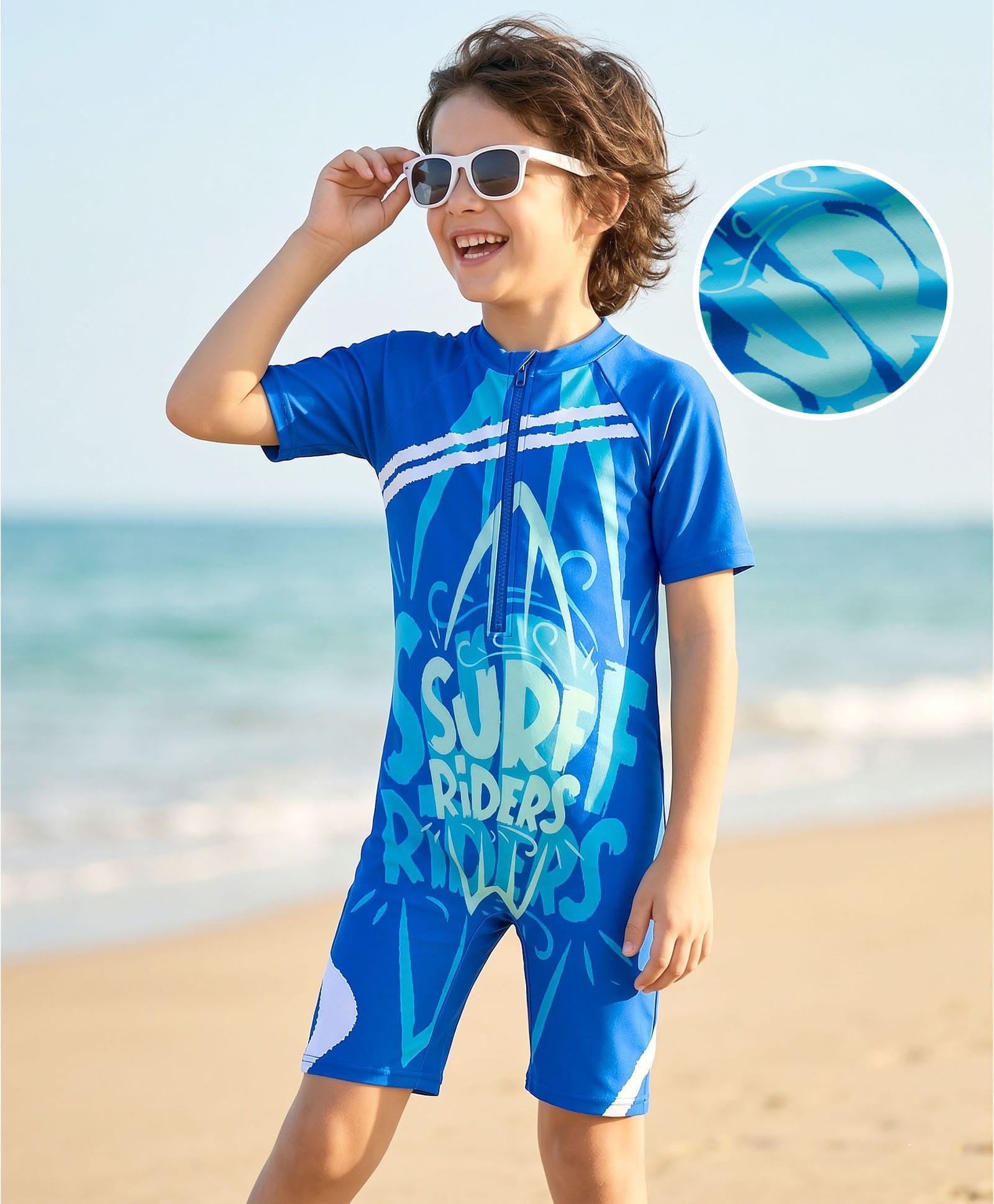 Bosky Swimwear Half Raglan Sleeves Legged Swimsuit with Surfing Print - Blue-picture-28