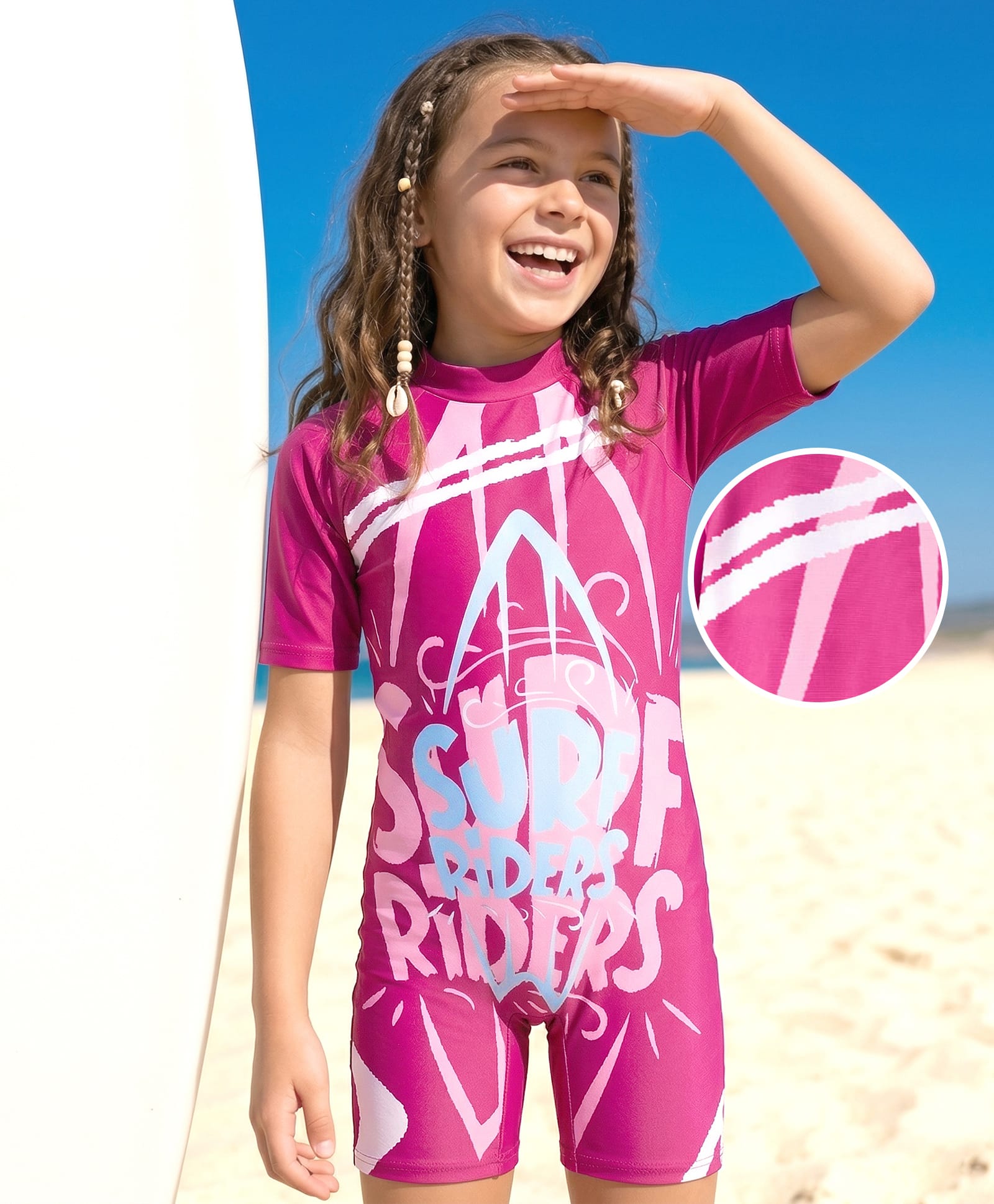 Bosky Swimwear Half Raglan Sleeves Legged Swimsuit with Surfing Print - Pink-picture-33