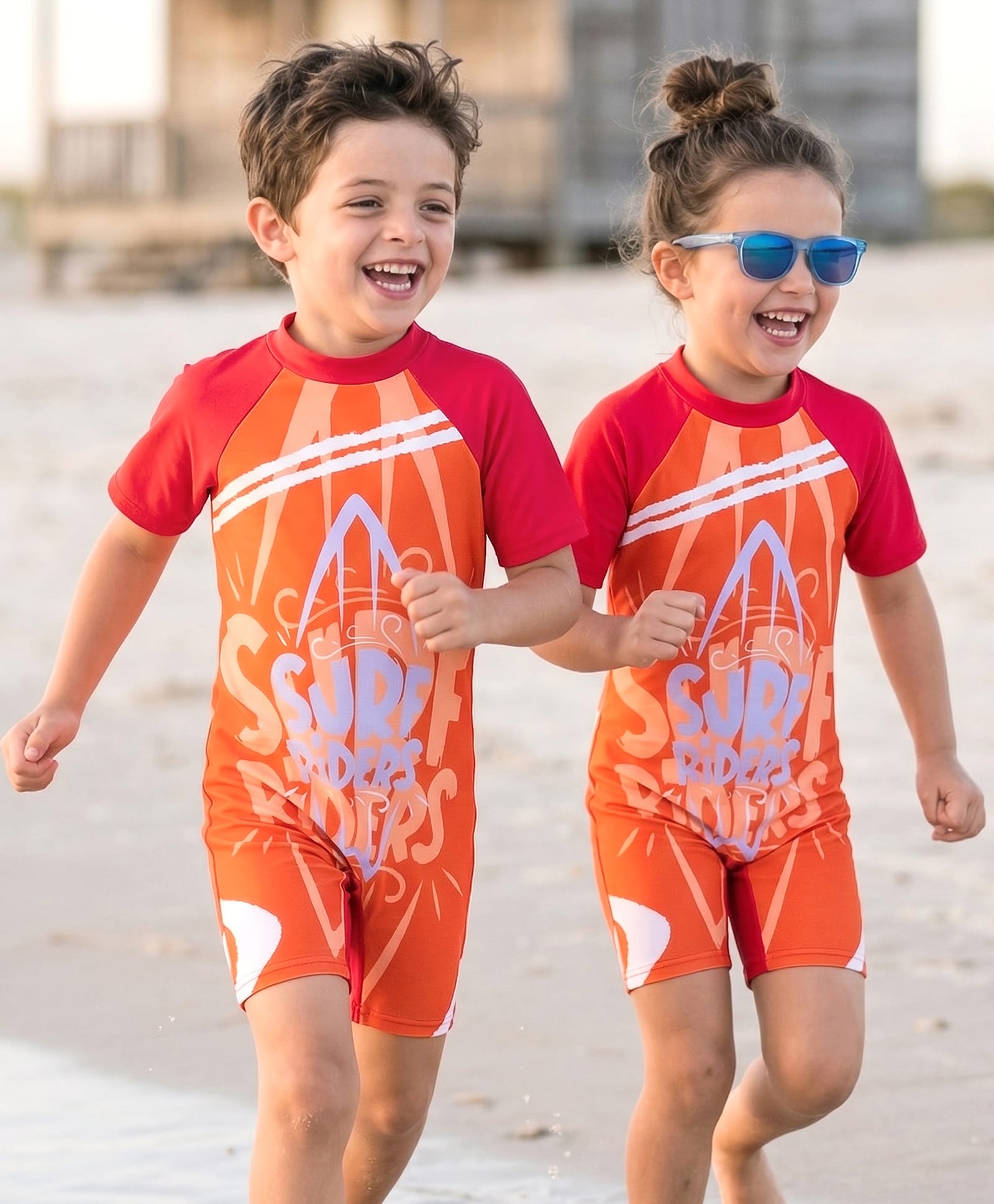 Bosky Swimwear Half Raglan Sleeves Legged Swimsuit with Surfing Print - Orange-picture-38