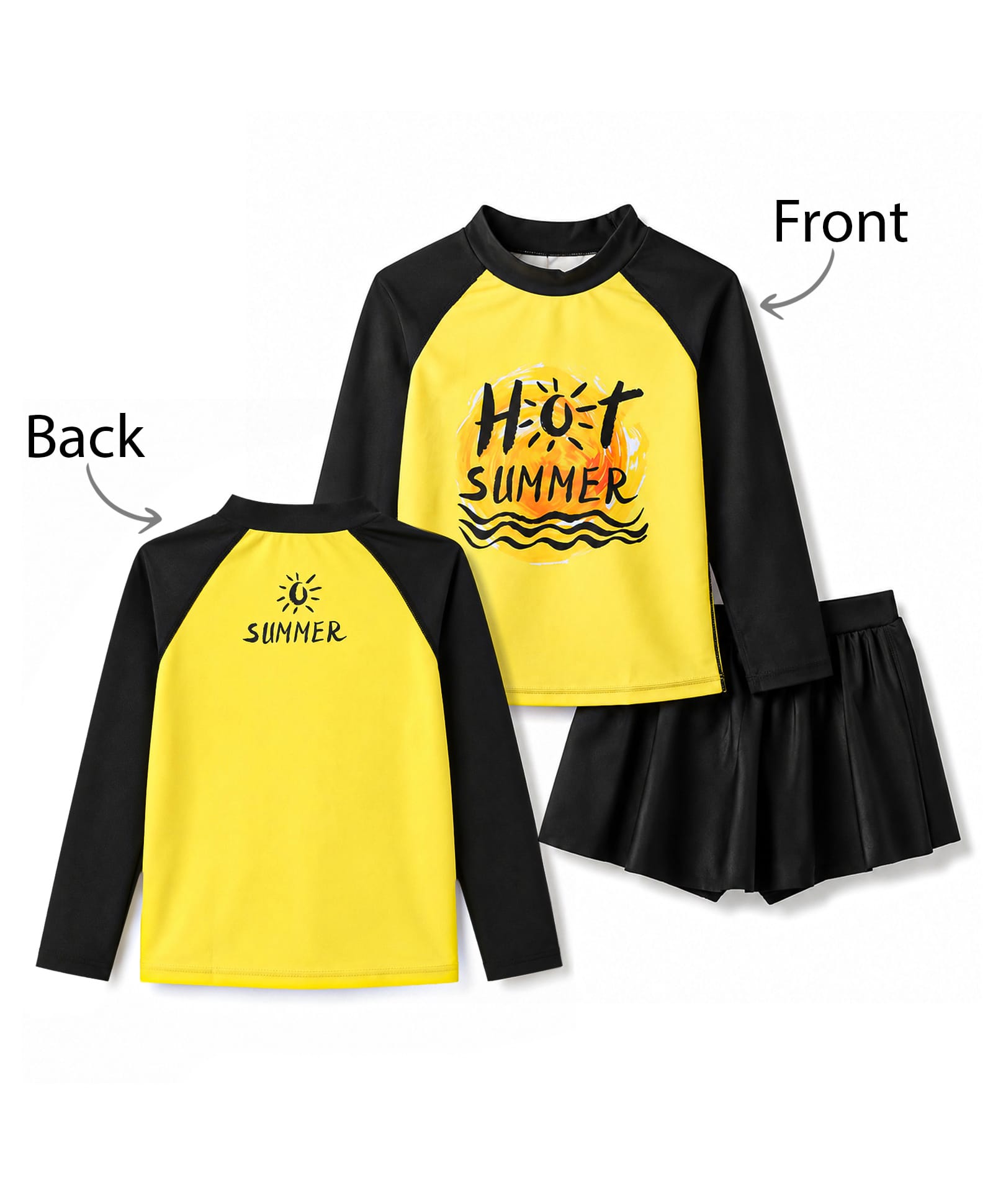 Bosky Swimwear Full Raglan Sleeves Beach Theme Printed Two Piece Swimsuit - Yellow-image-6