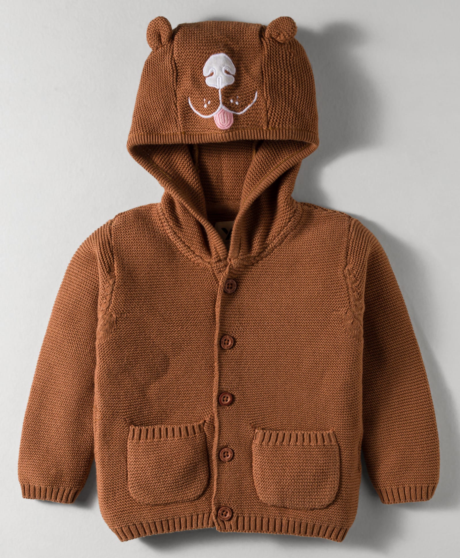 Yellow Apple Knit Full Sleeves Hooded Front Open Sweater With Cat Face Embroidered - Brown-image-26