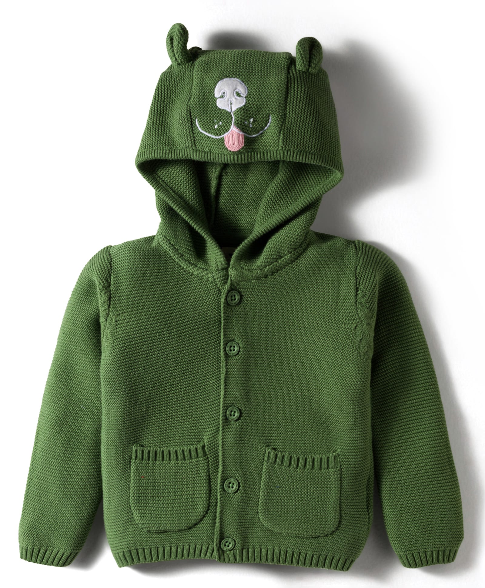 Yellow Apple Knit Full Sleeves Hooded Front Open Sweater With Cat Face Embroidered - Green-picture-26