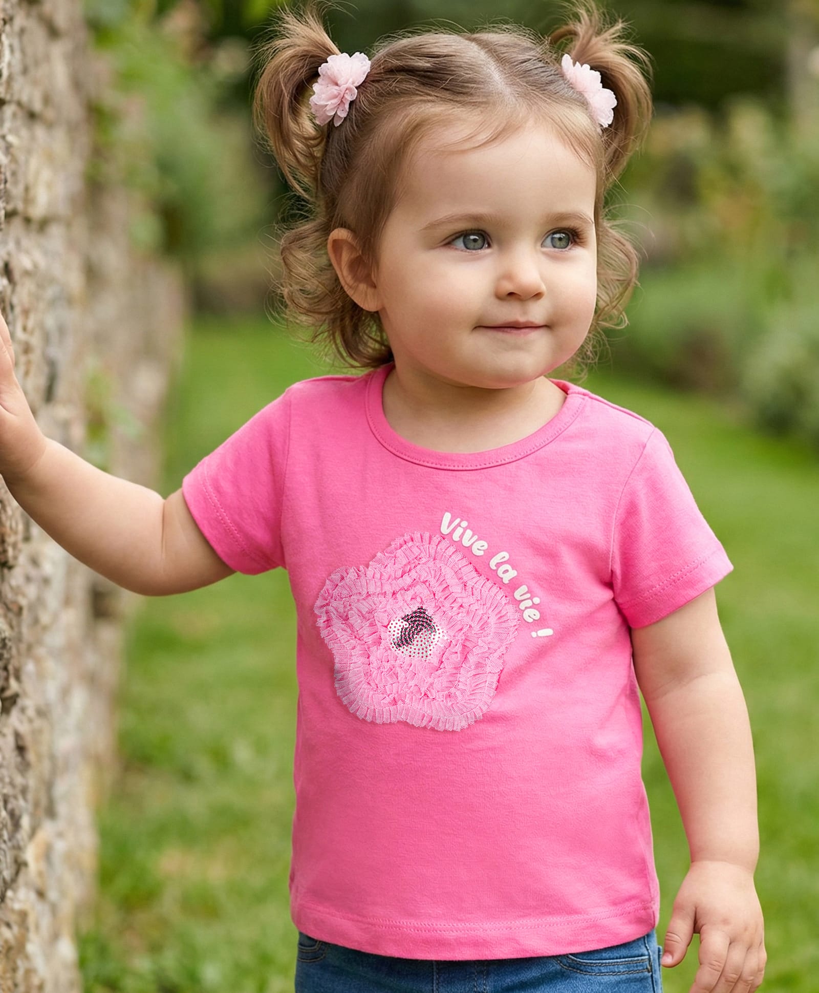 Babyoye 100% Cotton Knit Half Sleeves Floral Sequinned T-Shirt - Pink-image-38