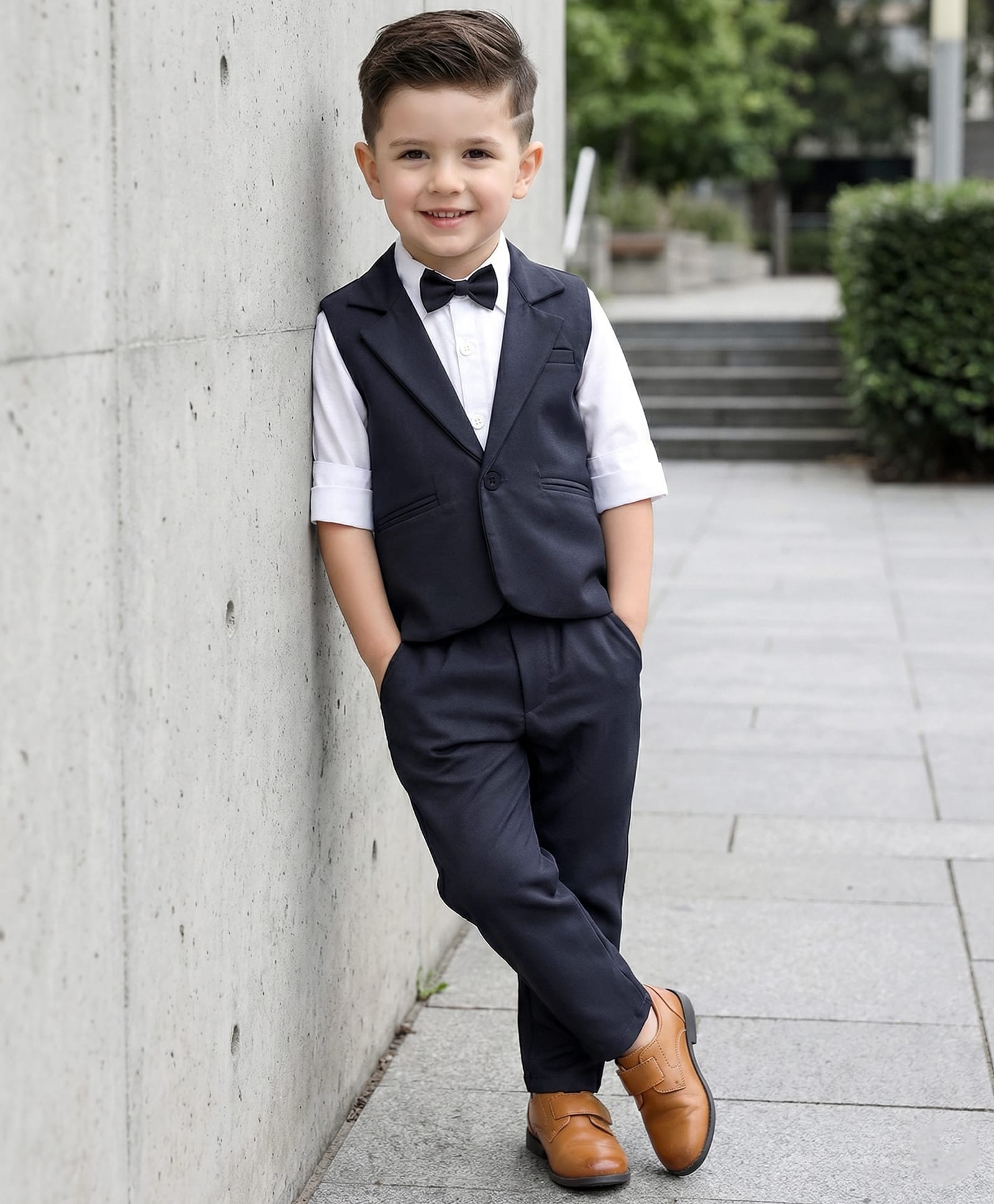 Babyhug Woven Full Sleeves Solid Colour 3 Piece Party Suit With Waistcoat & Bow - Navy Blue & White-image-11