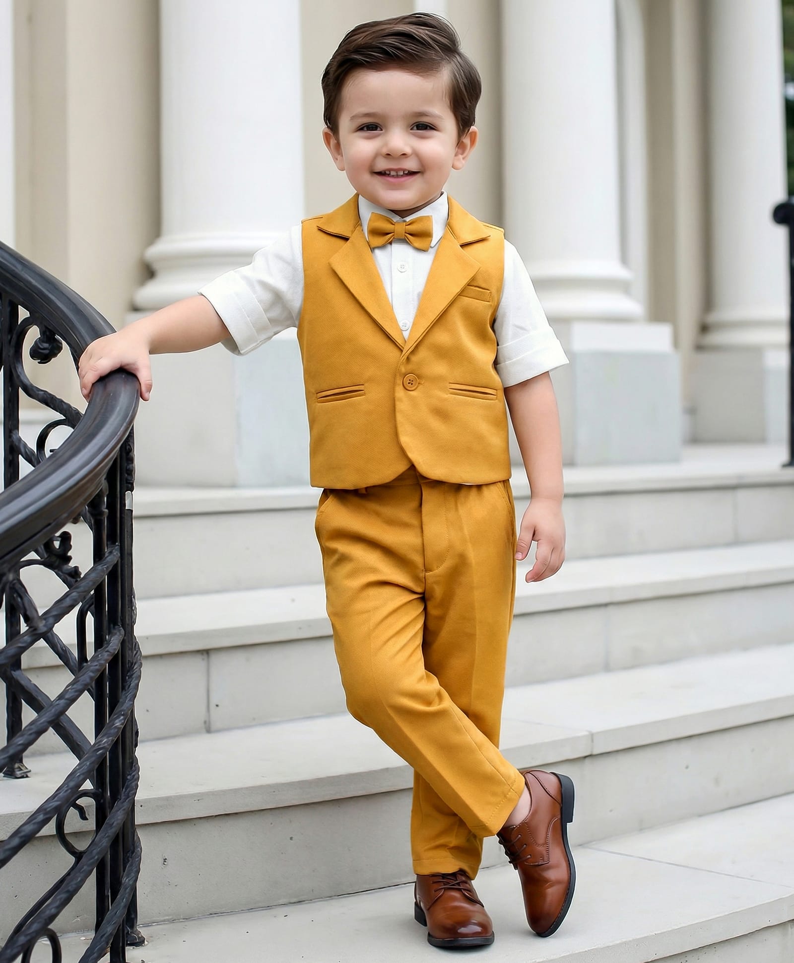 Babyhug Knit Full Sleeves Solid Color 3 Piece Party Suit with Bow - Yellow-picture-17