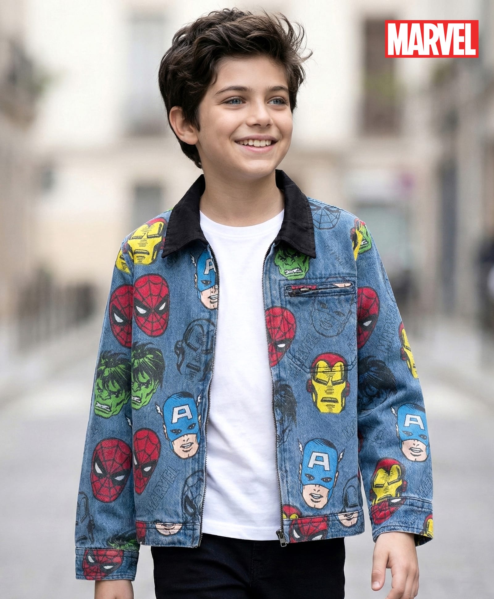 Pine Kids Marvel Full Sleeves Front Zipper Denim Jacket with Avengers Graphic - Navy Blue-image-20
