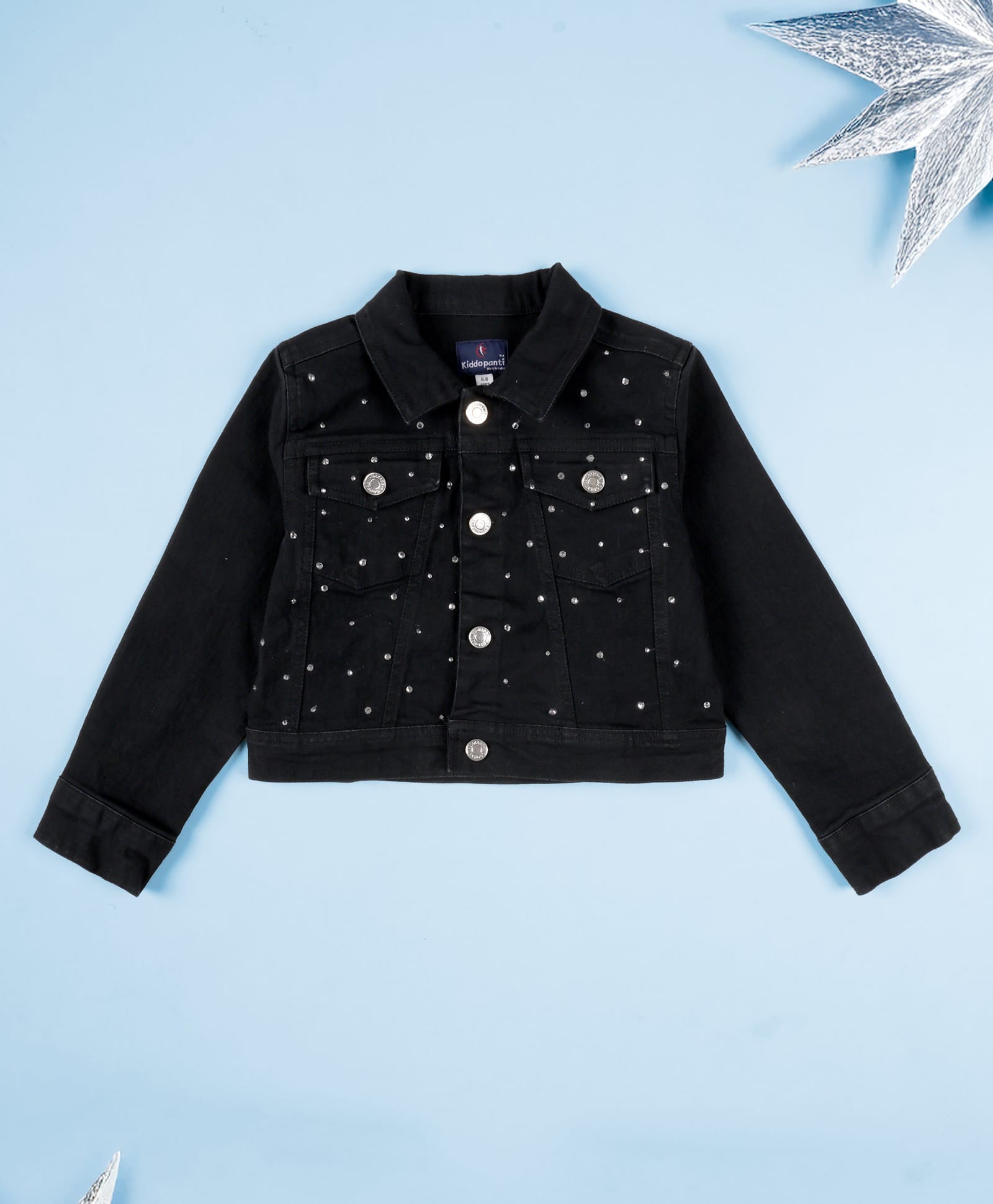 Kiddopanti Denim Woven Full Sleeves Rhinestones Embellished Crop Jacket - Black-image-36