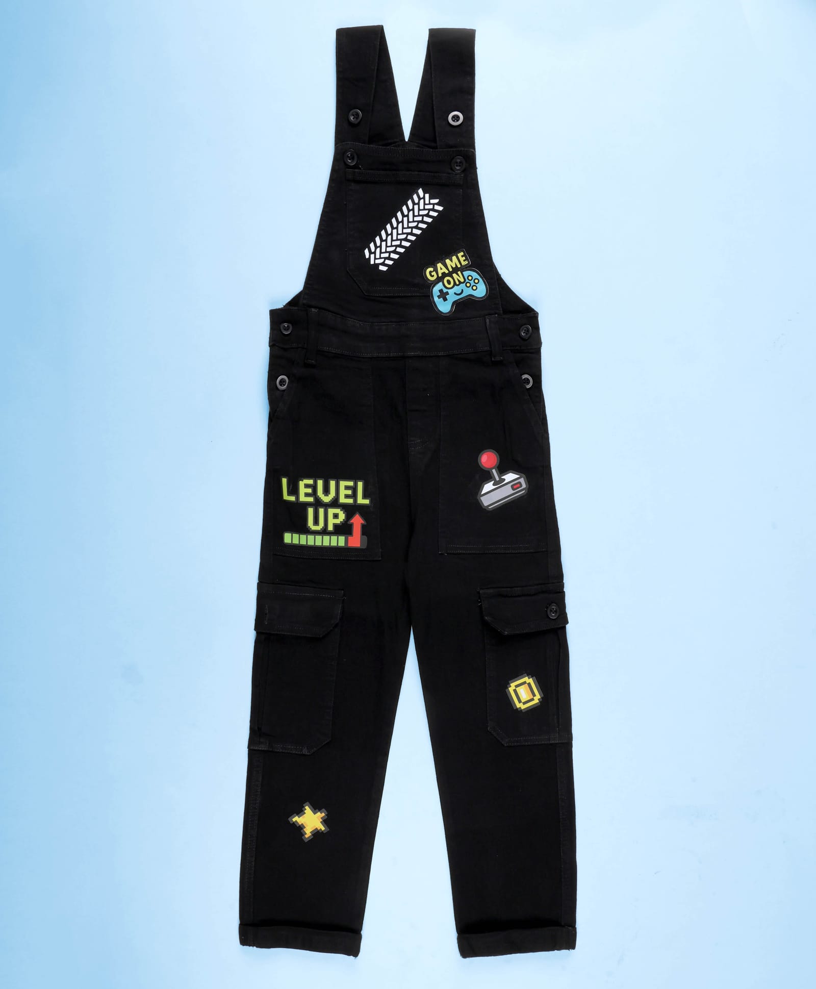 Kiddopanti Denim Sleeveless Game On & Level Up Text Patch Detailed Dungaree - Black-picture-21