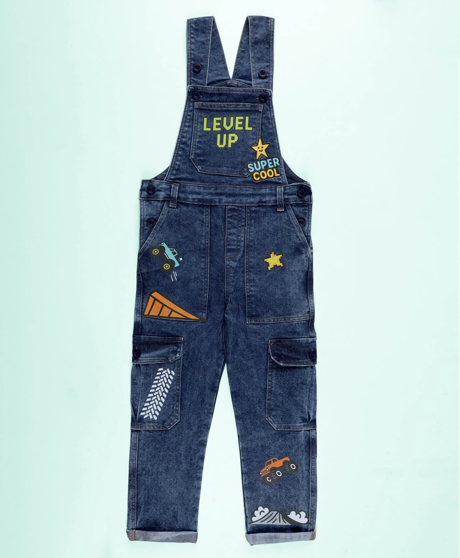 Kiddopanti Denim Sleeveless Level Up Text & Monster Truck Patch Detailed Dungaree - Blue-picture-23
