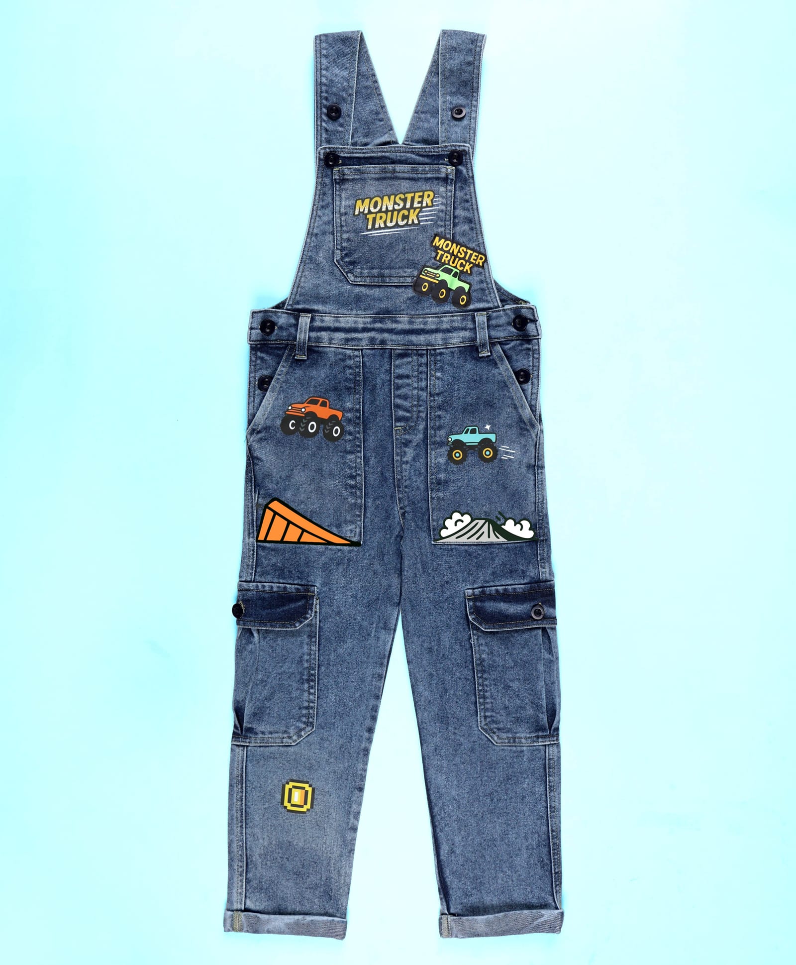 Kiddopanti Denim Sleeveless Monster Truck Patch Detailed Dungaree - Light Blue