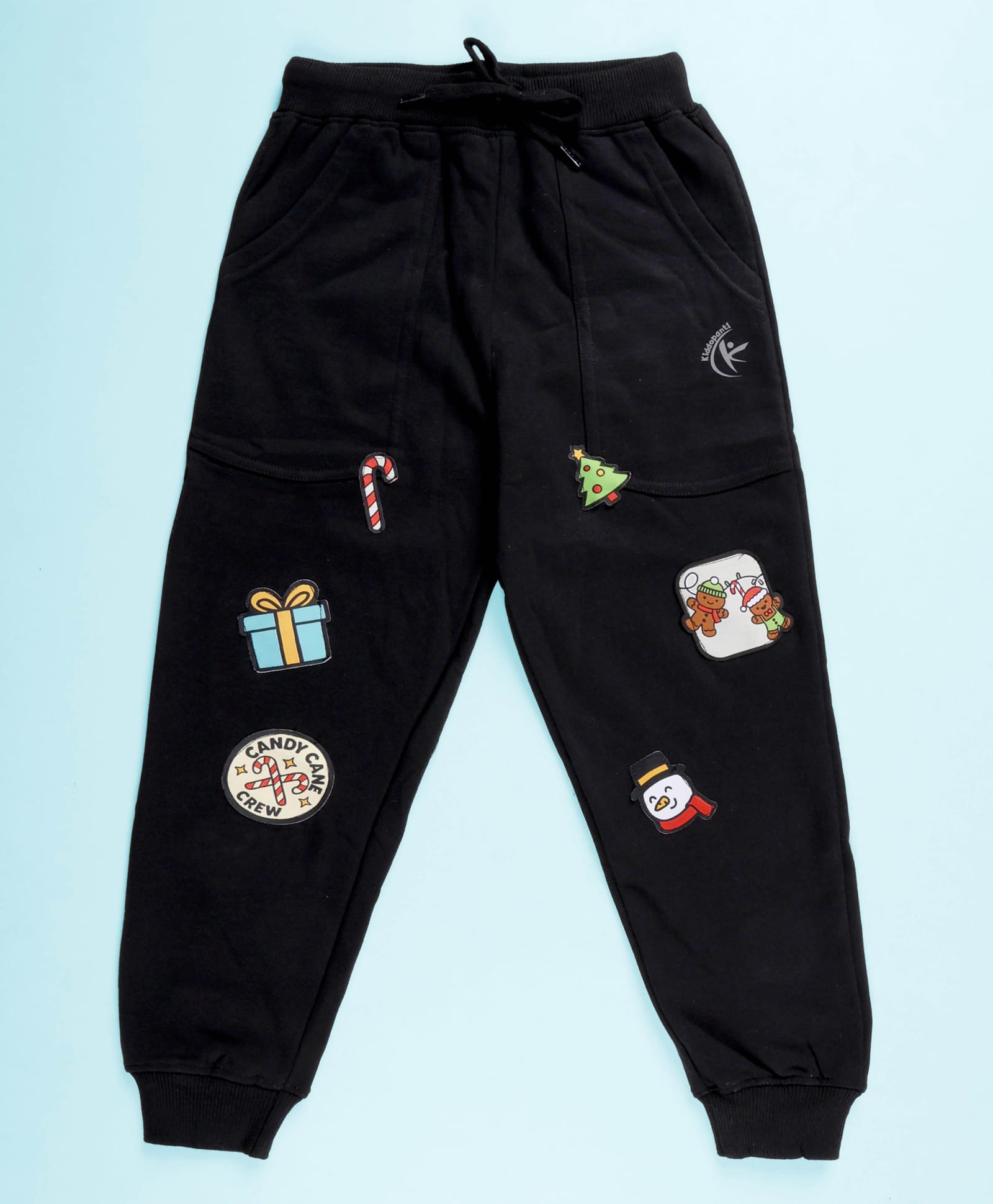 Kiddopanti Fleece Knit Christmas Theme Candy Cane & Snowman Patch Detailed Light Winter Joggers - Black-picture-13