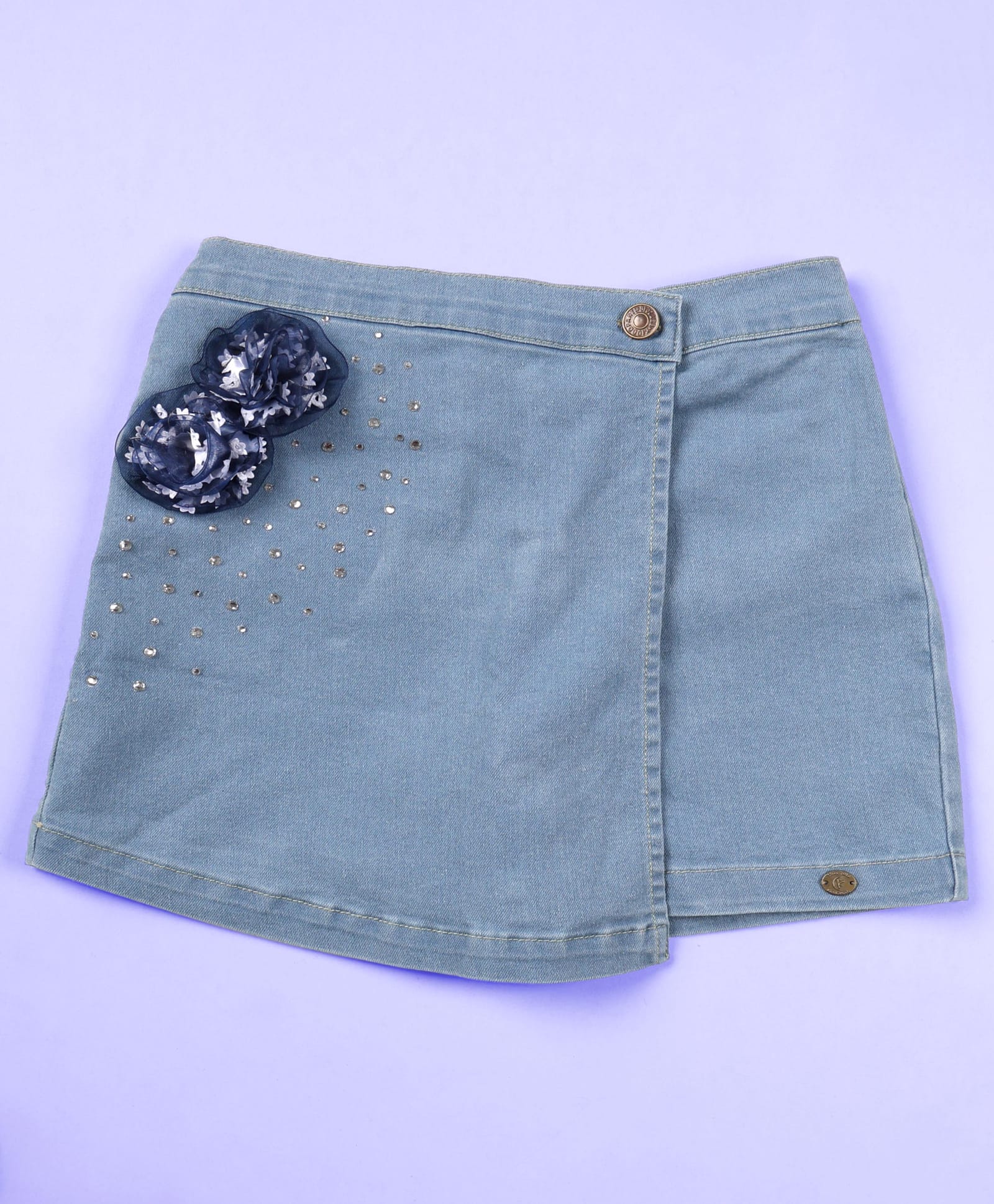 Kiddopanti Denim Flower Applique Detailed Stones Embellished Skort - Light Blue-picture-13