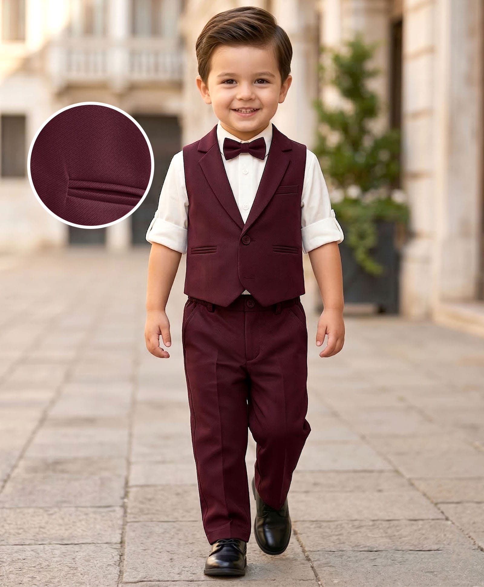 Babyhug Knit Full Sleeves Solid 3 Piece Party Suit With Bow - Wine-image-11