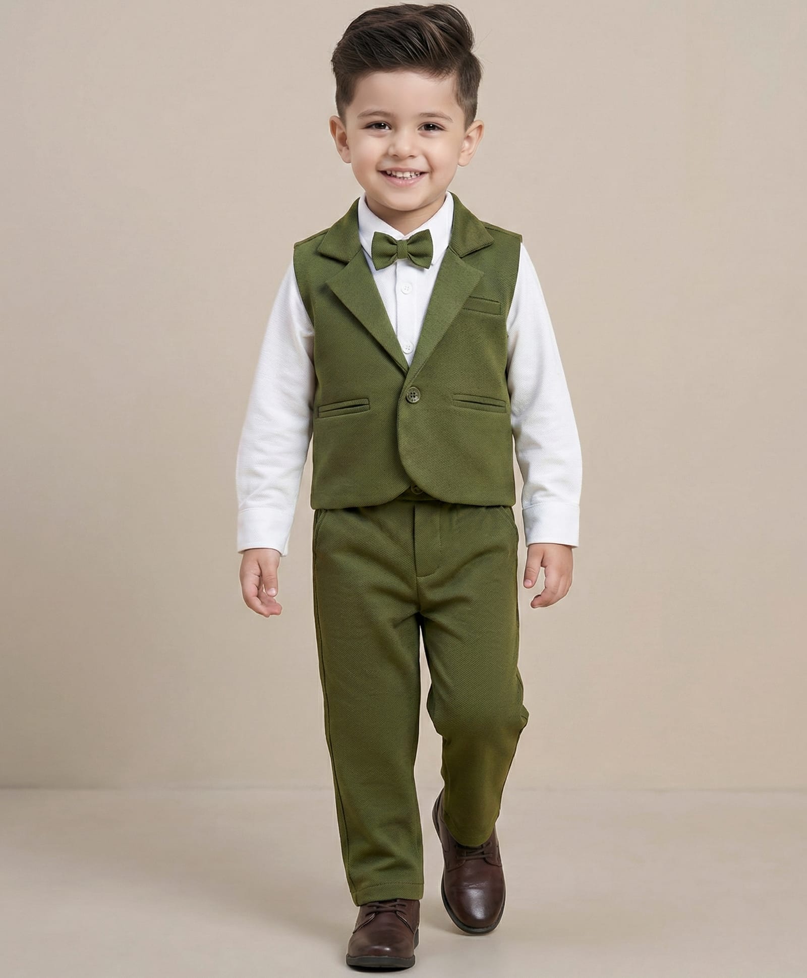 Babyhug Knit Full Sleeves Solid Color 3 Piece Party Suit with Bow - Olive Green & White-picture-24