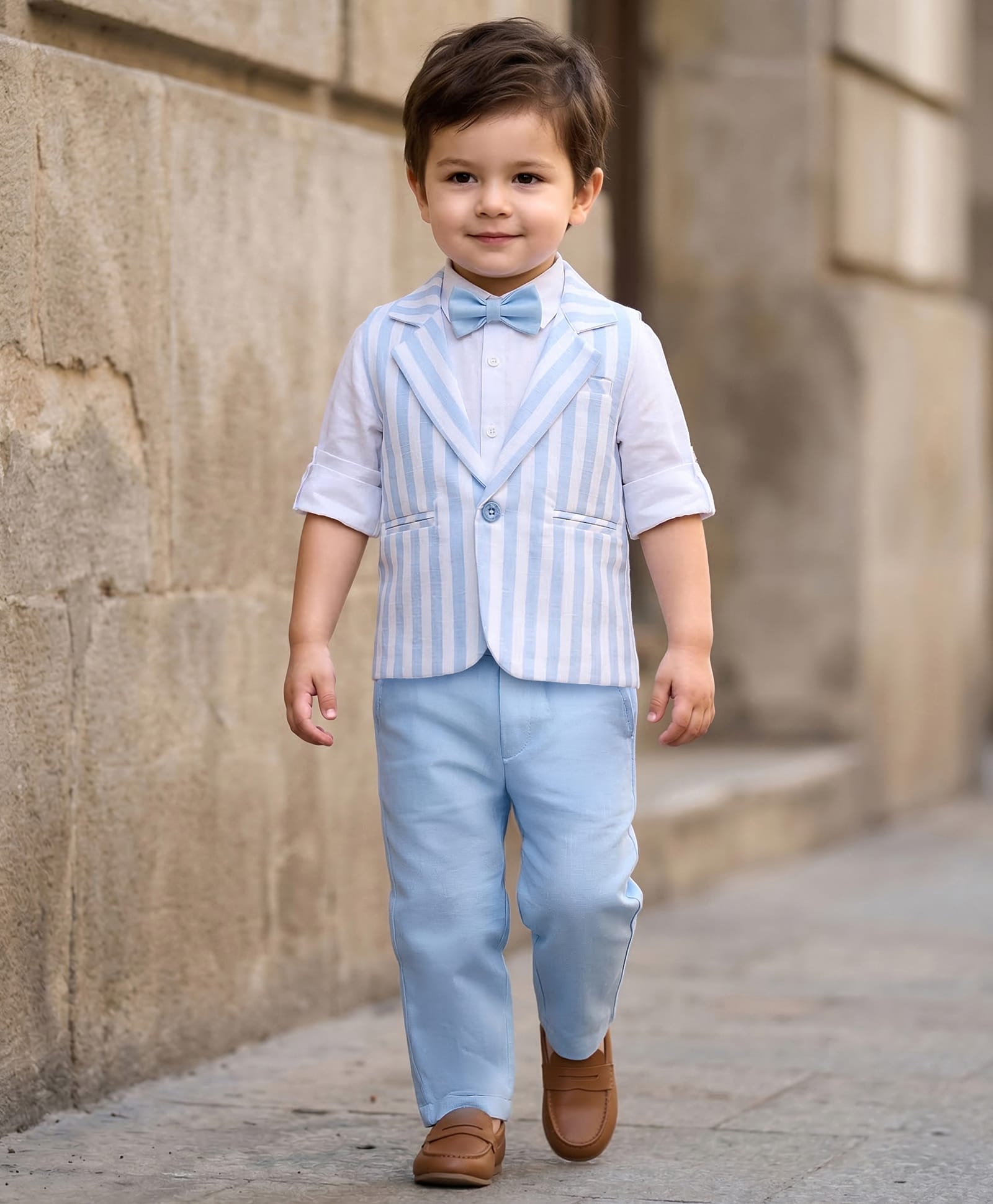 Babyhug Knit Full Sleeves Solid & Striped 3 Piece Party Suit with Bow - Light Blue-image-23
