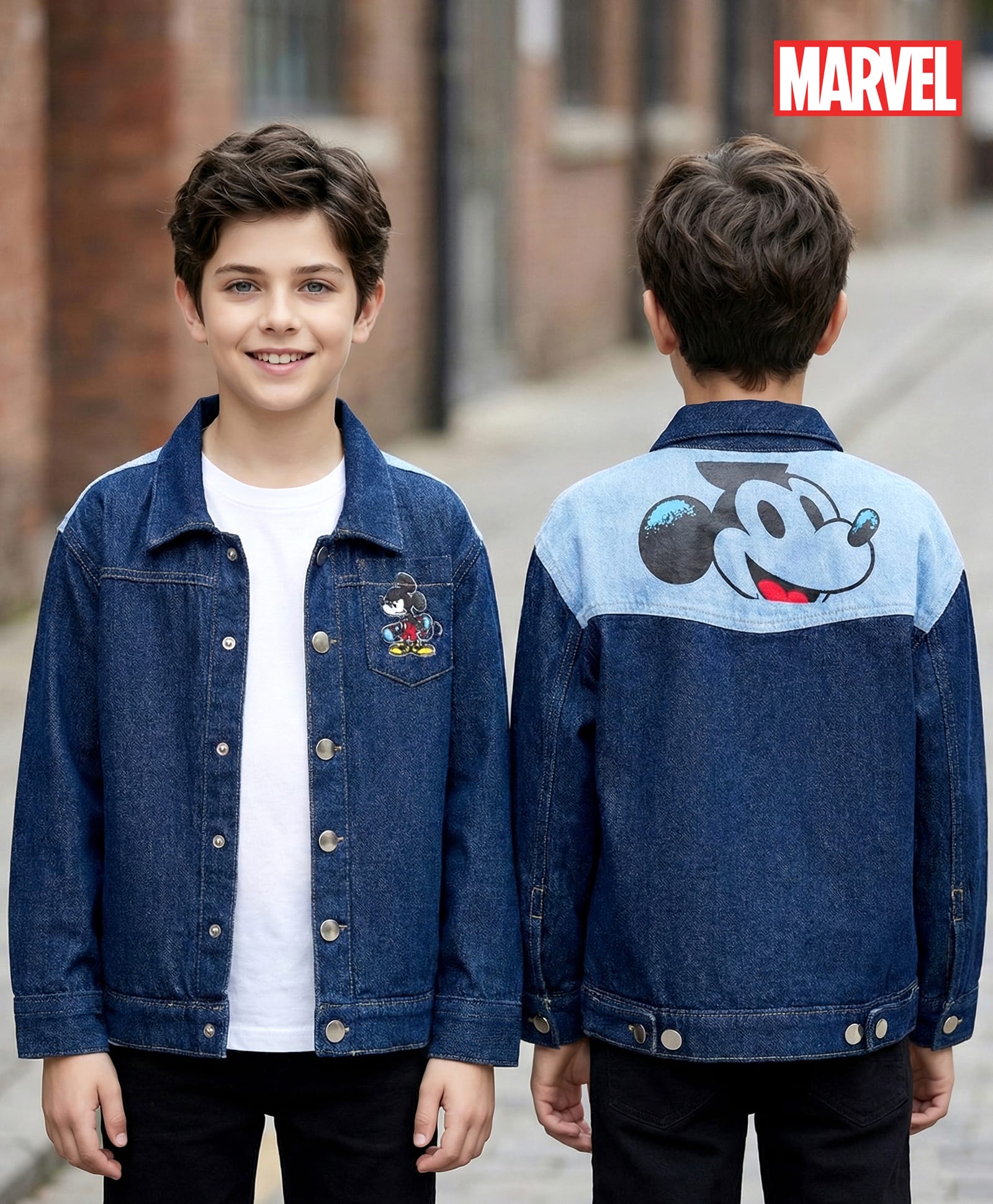 Pine Kids Disney Full Sleeves Front Button Cut & Sew Denim Jacket with Front & Back Mickey Mouse Graphic - Navy Blue