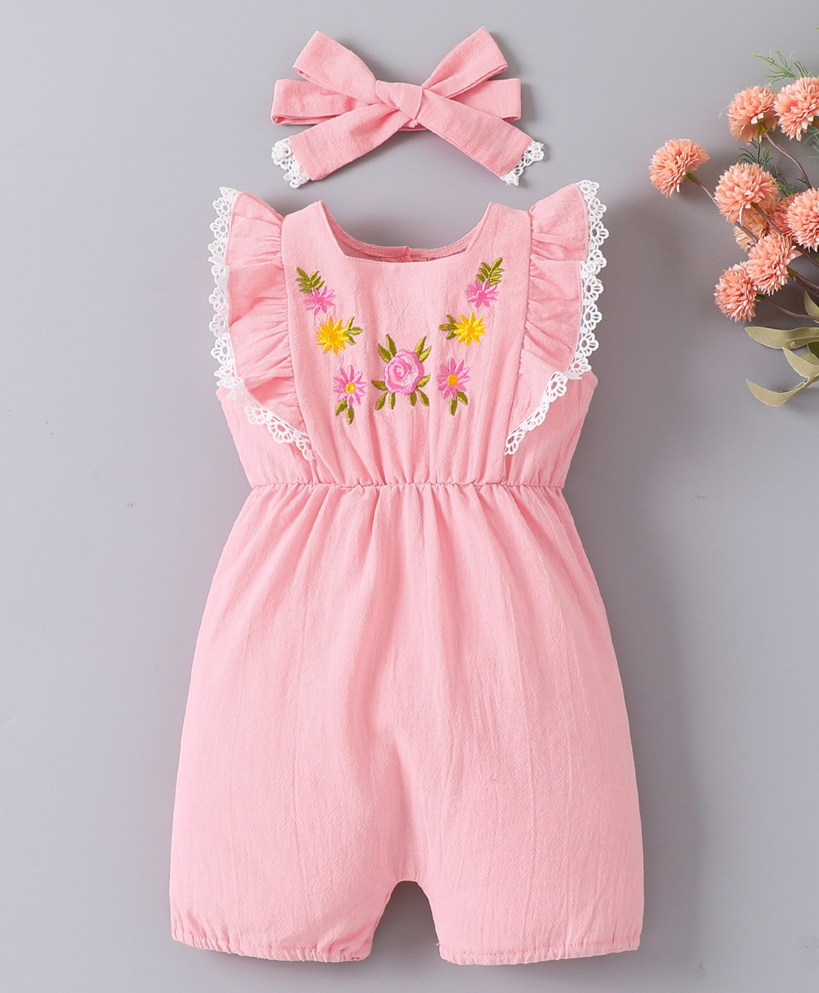 Mark & Mia Cotton Sleeveless Floral Embroidered Lace & Frill Detailing Jumpsuit with Headband - Pink-picture-20