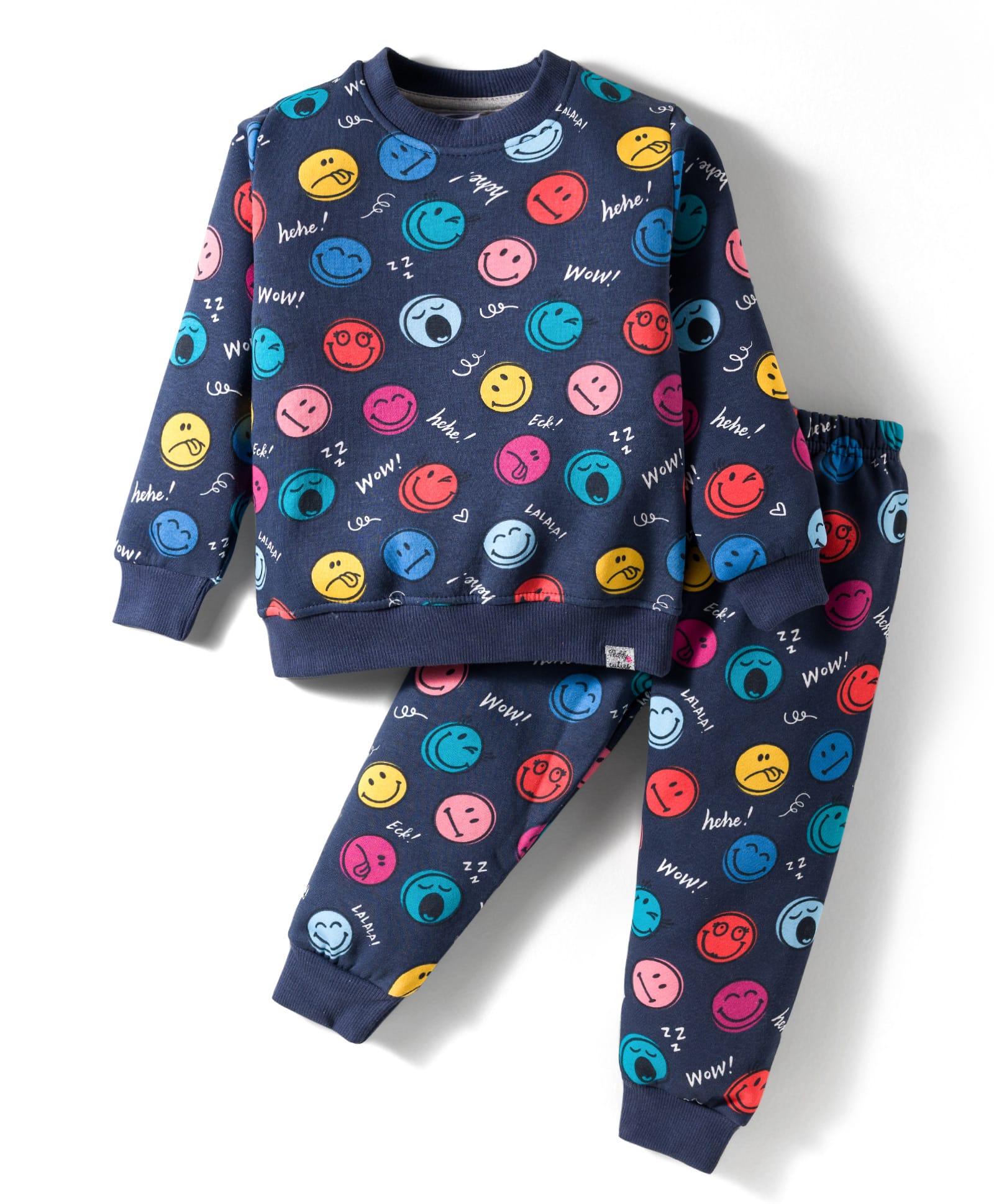 Teddy Fleece Knit Full Sleeves Co-ords Night Suit With Smiley Print - Navy Blue-picture-36
